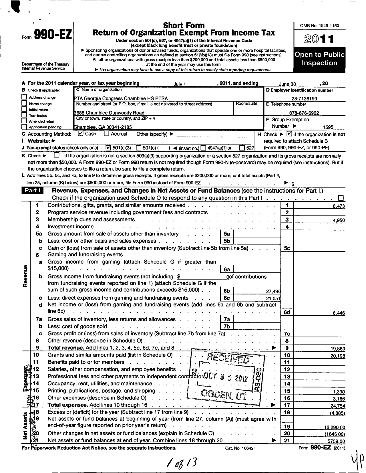 Image of first page of 2010 Form 990EZ for Georgia PTA - Chamblee HS Ptsa