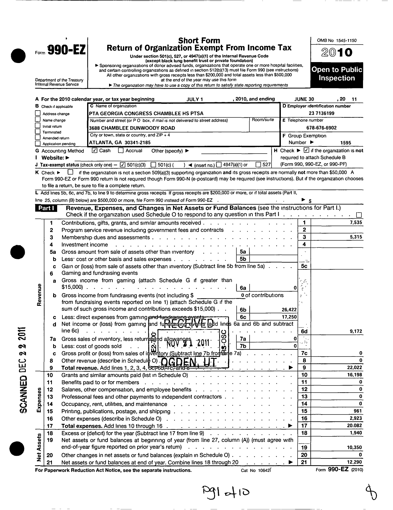 Image of first page of 2010 Form 990EZ for Georgia PTA - Chamblee HS Ptsa