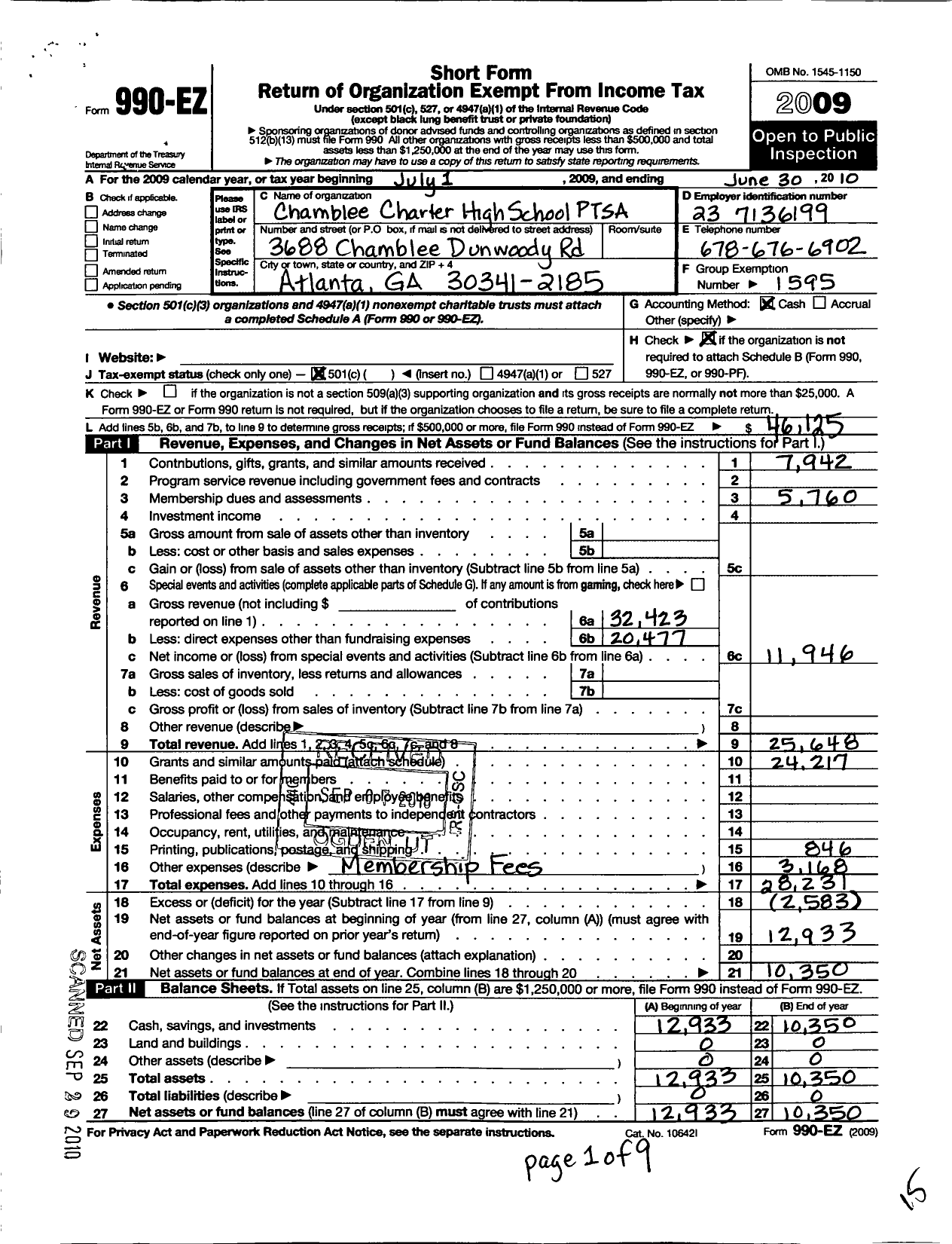 Image of first page of 2009 Form 990EO for Georgia PTA - Chamblee HS Ptsa