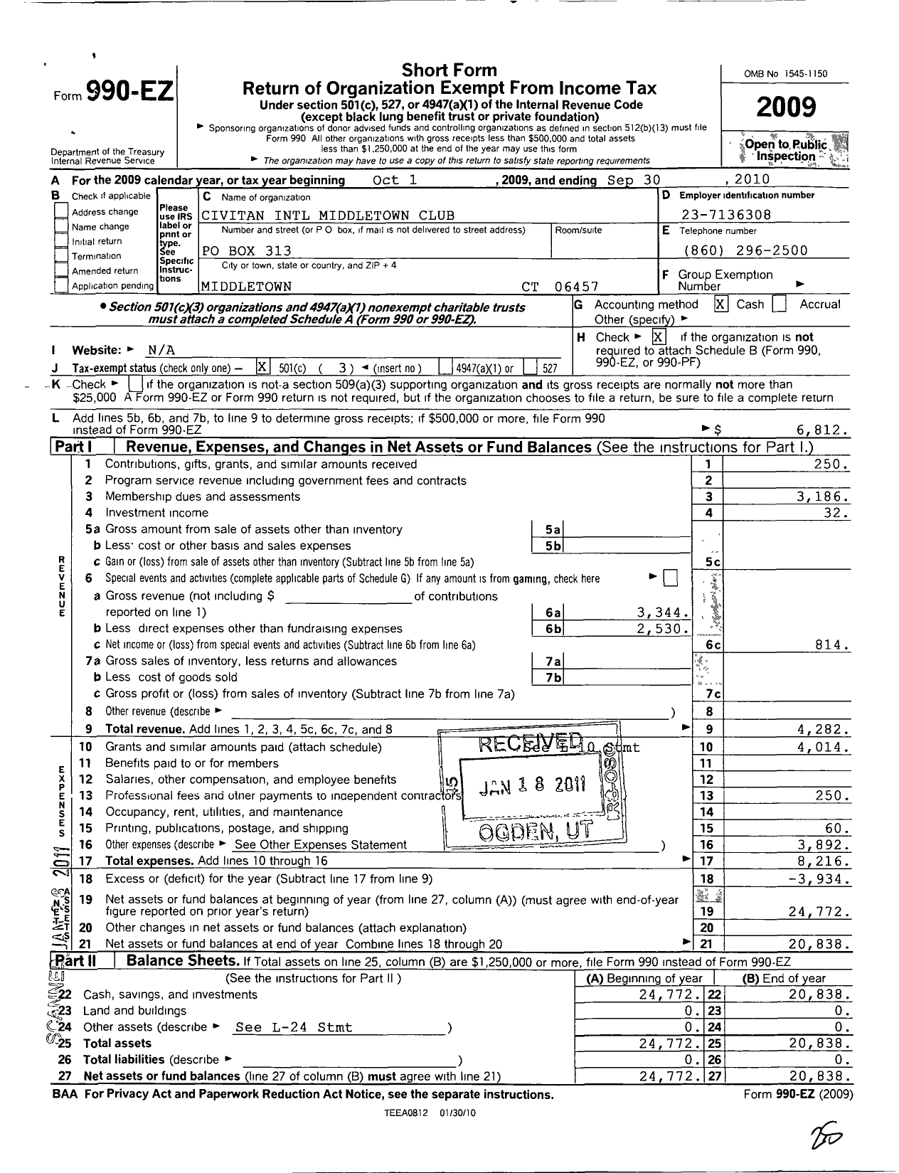 Image of first page of 2009 Form 990EZ for Civitan International / Middletown CT