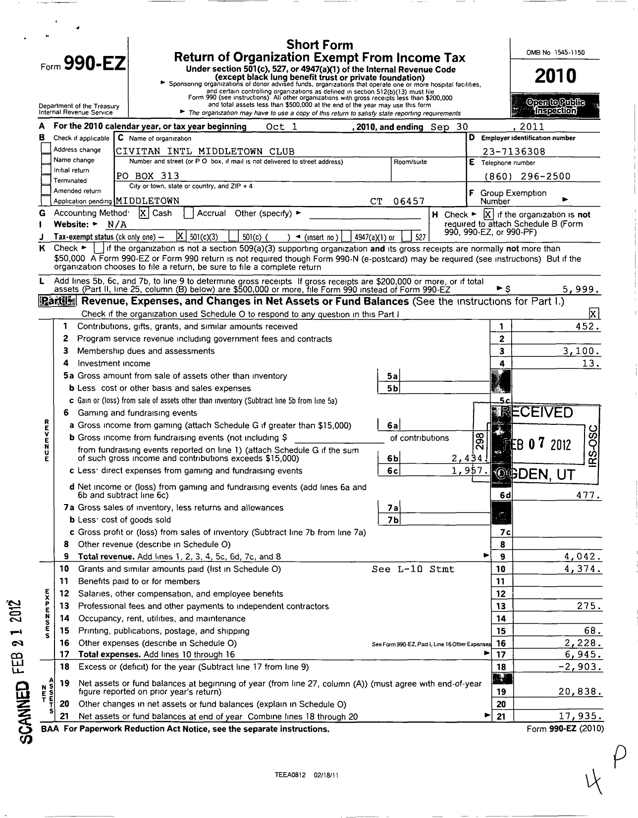 Image of first page of 2010 Form 990EZ for Civitan International / Middletown CT