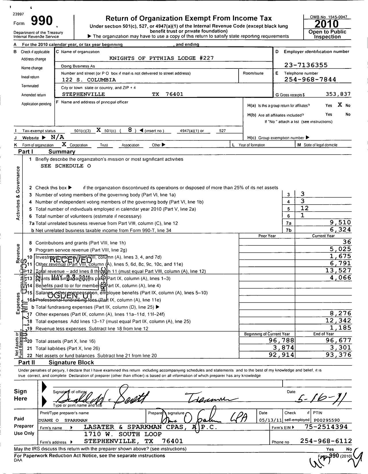 Image of first page of 2010 Form 990O for Knights of Pythias Texas - 227 John Tarleton Lodge