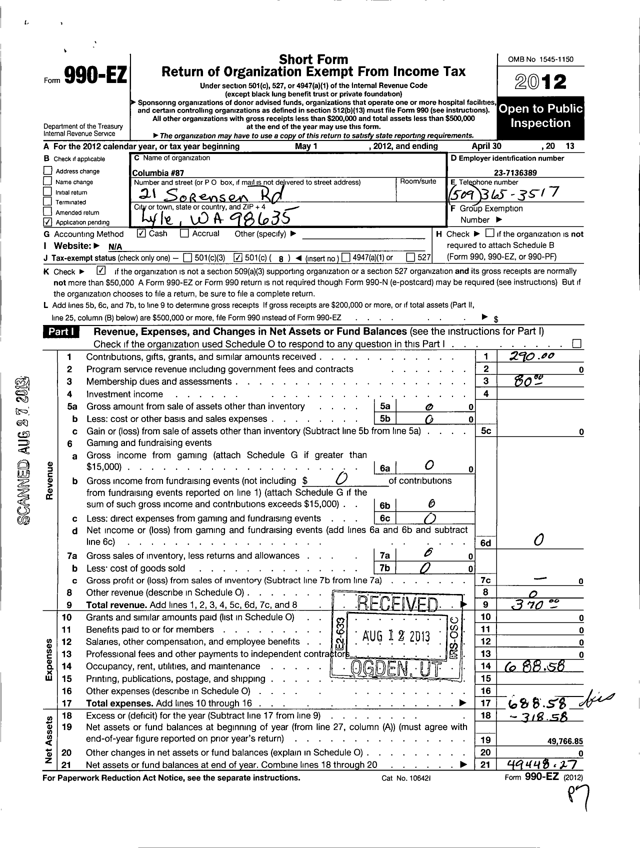 Image of first page of 2012 Form 990EO for Washington State Grange