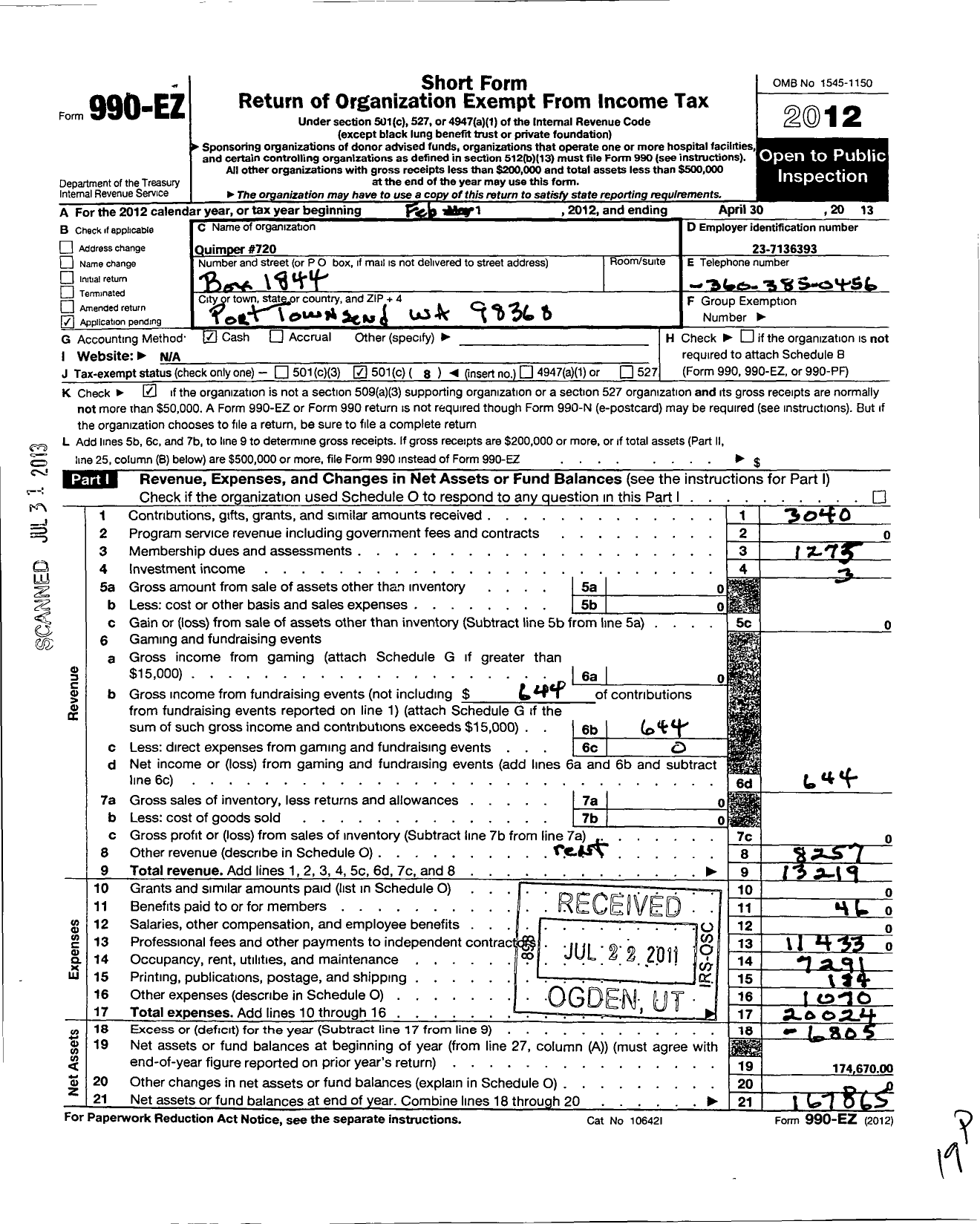 Image of first page of 2012 Form 990EO for Washington State Grange / 720 Quimper Grange