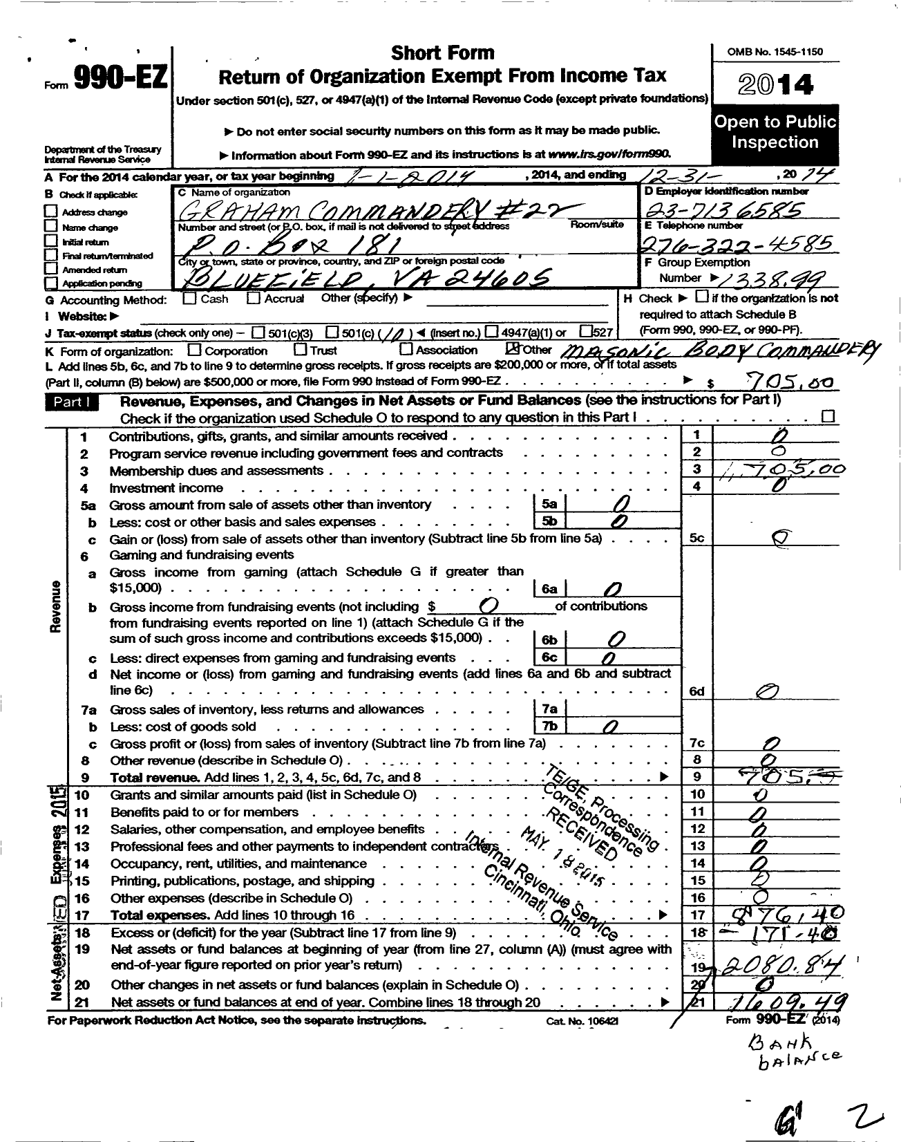 Image of first page of 2014 Form 990EO for Knights Templar of the United States of America / 22 Graham Commandery