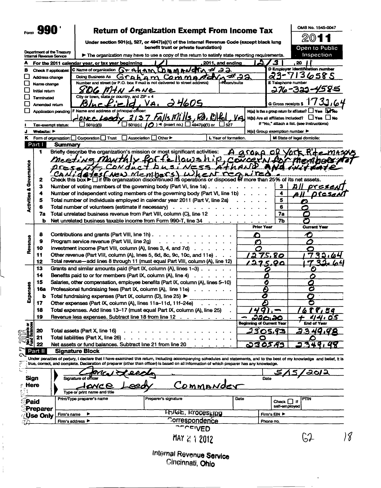 Image of first page of 2011 Form 990O for Knights Templar of the United States of America / 22 Graham Commandery