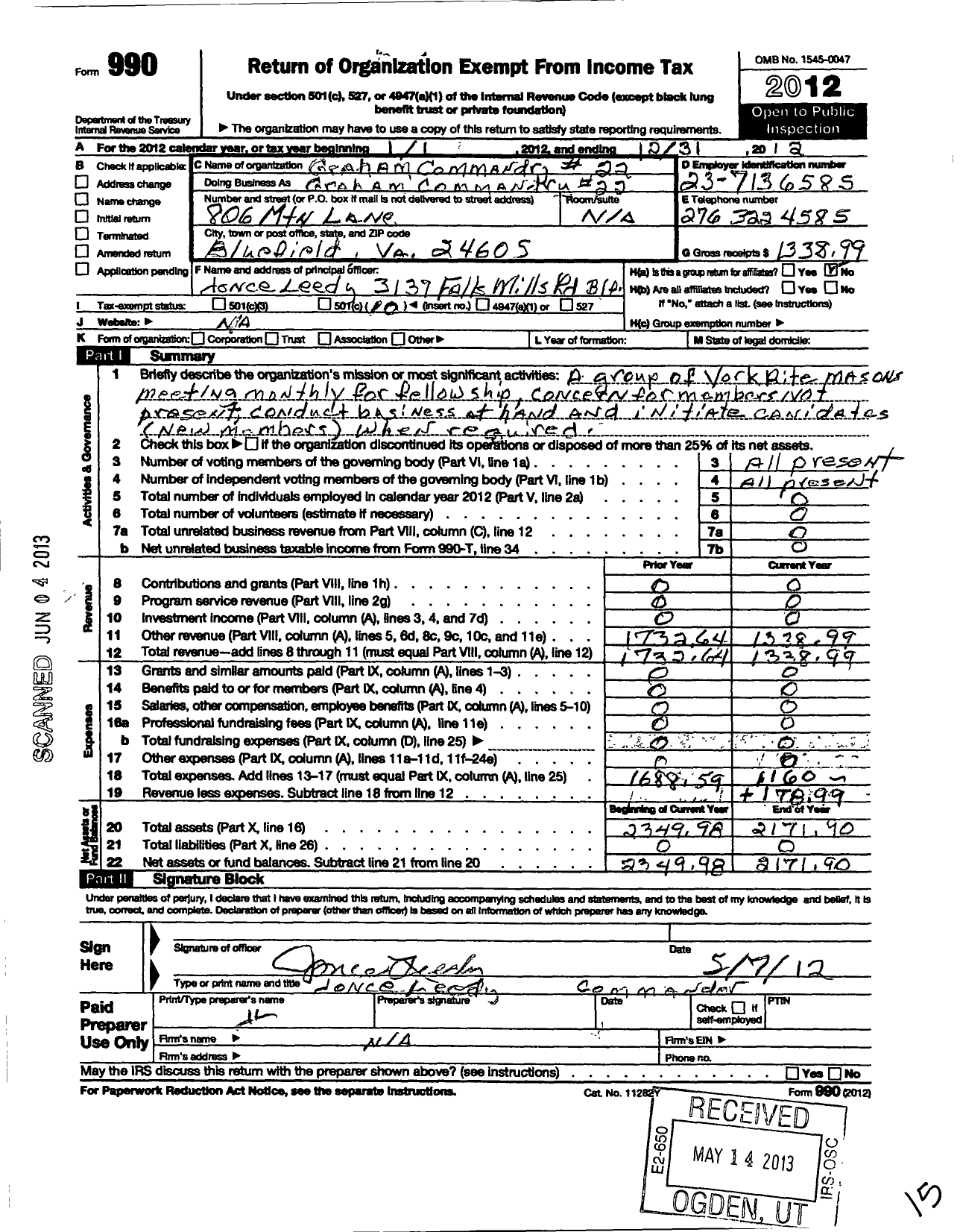 Image of first page of 2012 Form 990O for Knights Templar of the United States of America / 22 Graham Commandery