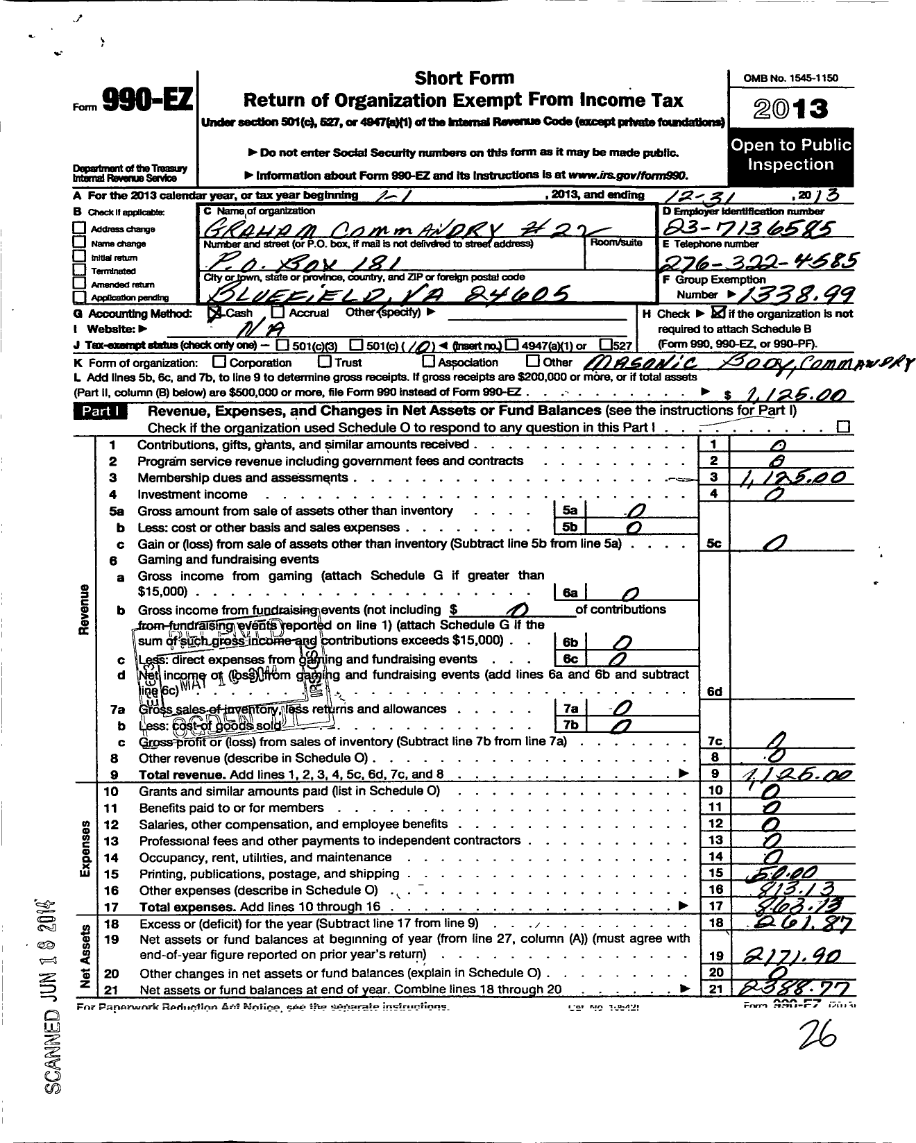 Image of first page of 2013 Form 990EO for Knights Templar of the United States of America / 22 Graham Commandery