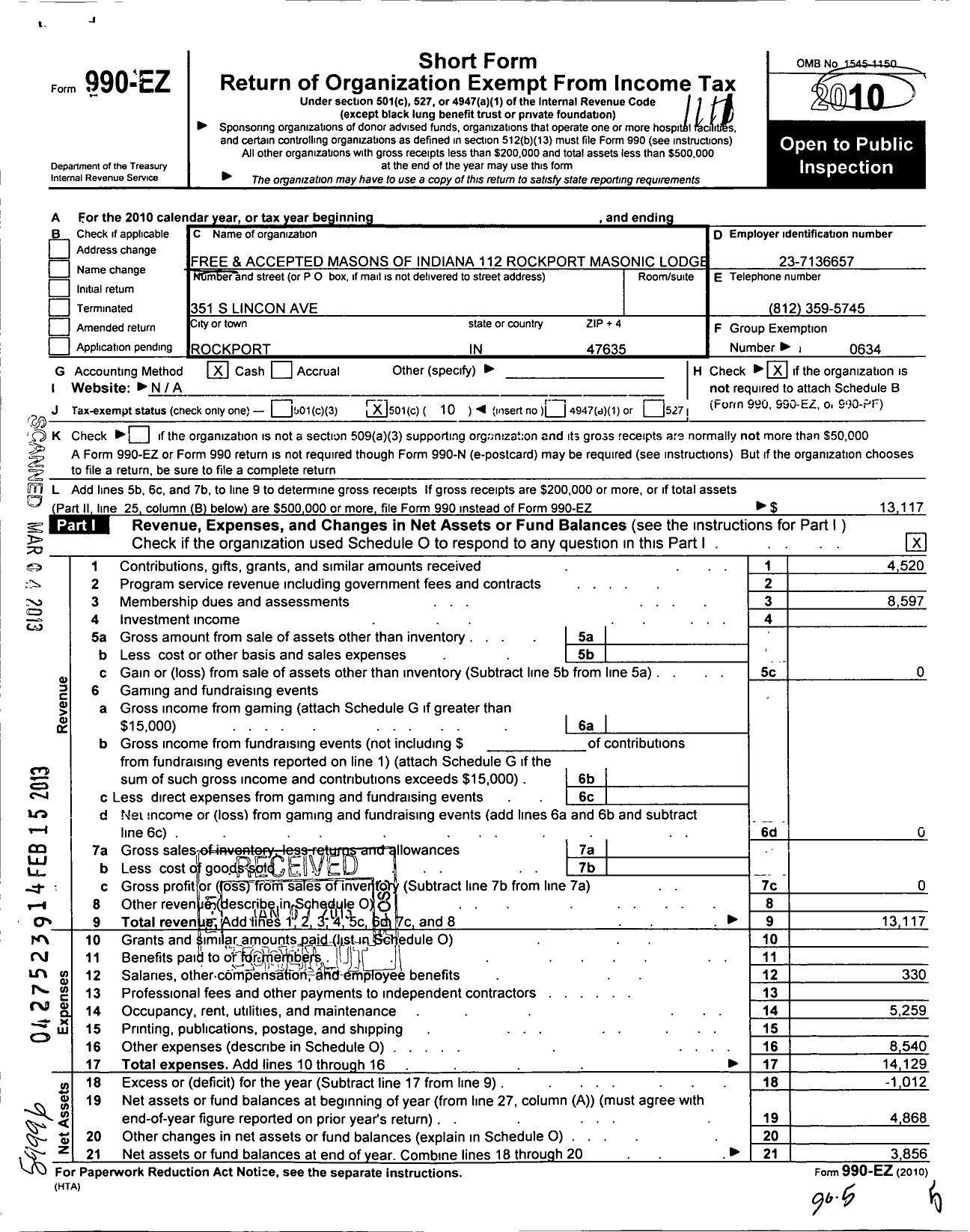 Image of first page of 2010 Form 990EO for Free & Accepted Masons of Indiana - 112 Rockport Masonic Lodge