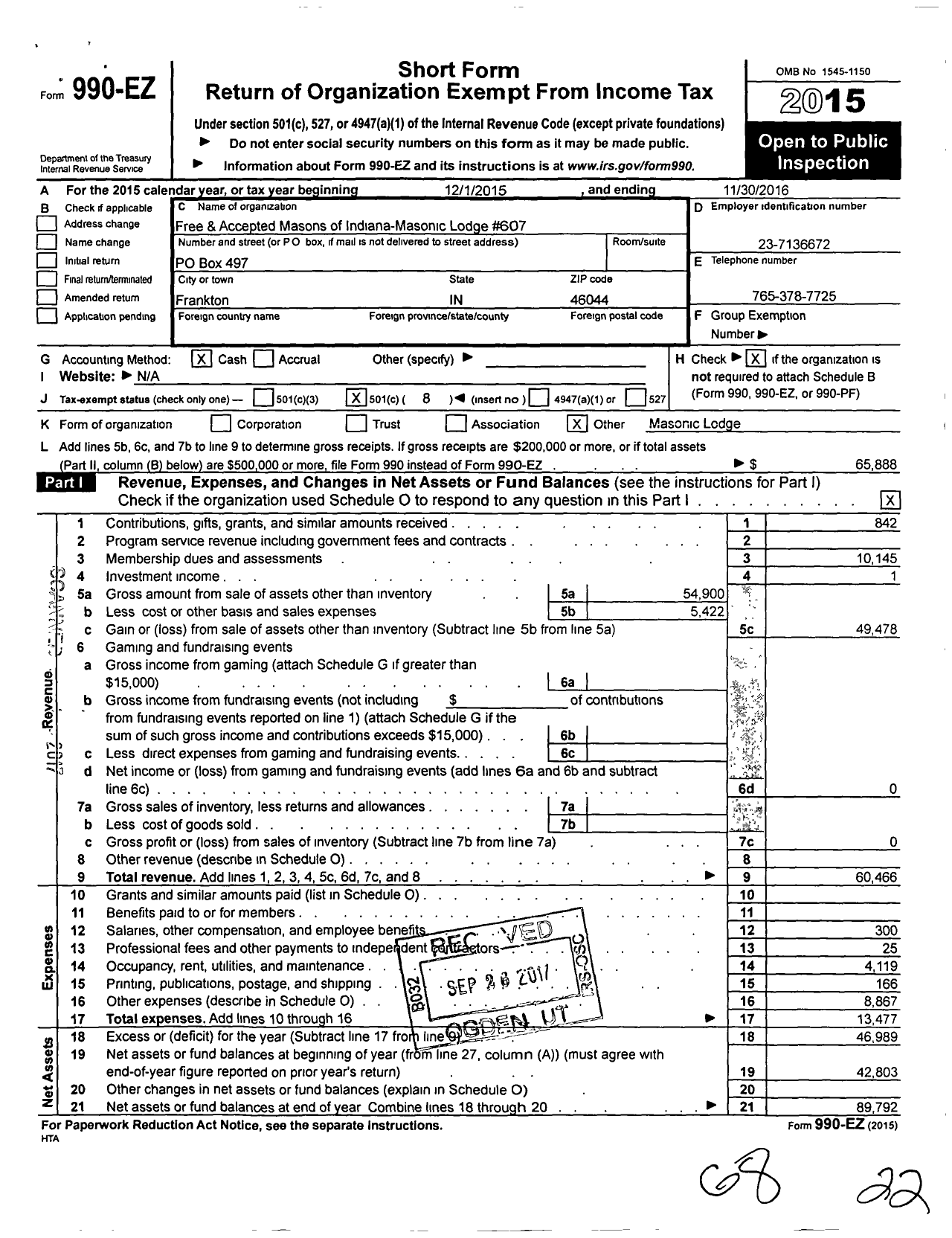 Image of first page of 2015 Form 990EO for Free & Accepted Masons of Indiana - 607 Frankton