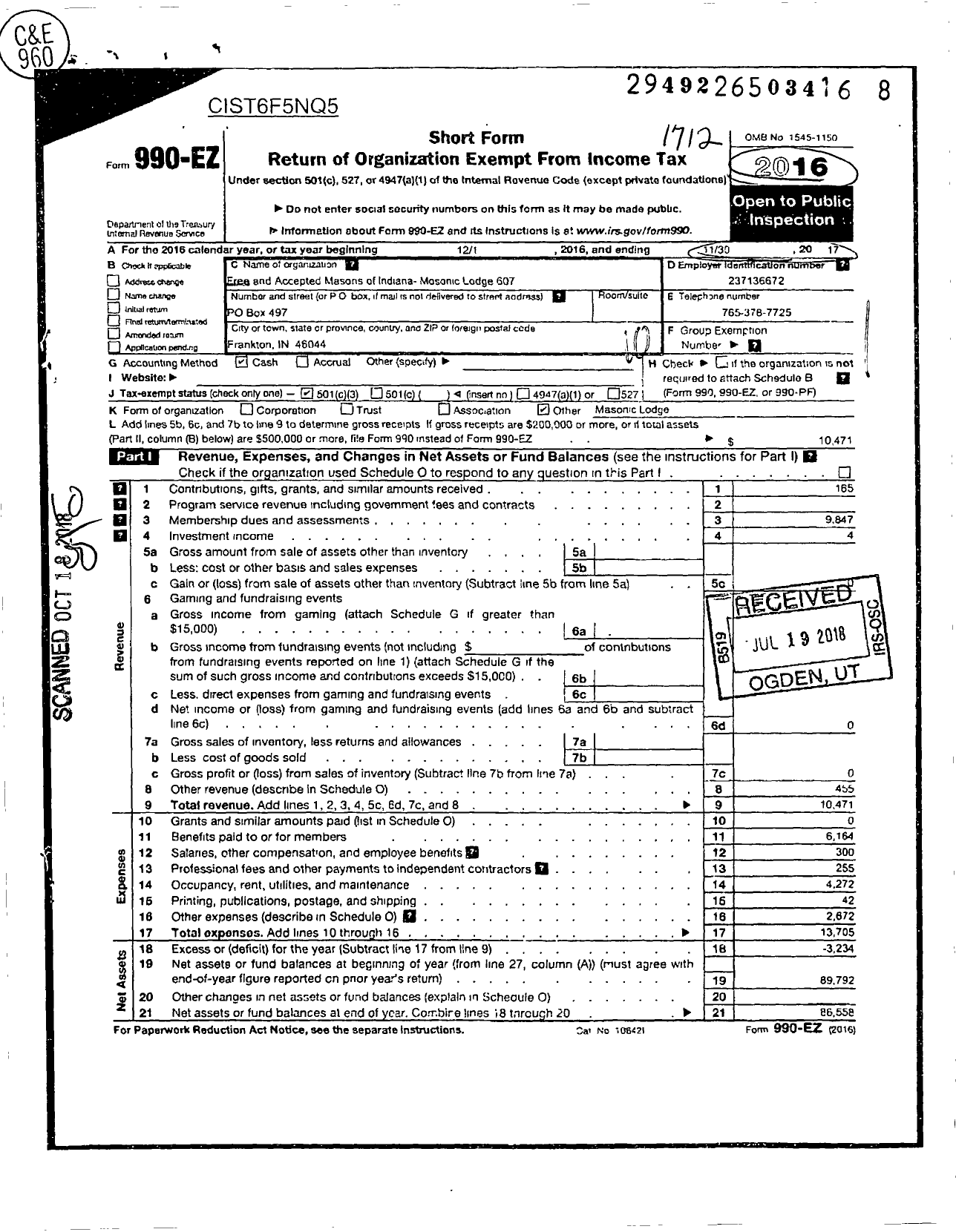 Image of first page of 2017 Form 990EO for Free & Accepted Masons of Indiana - 607 Frankton