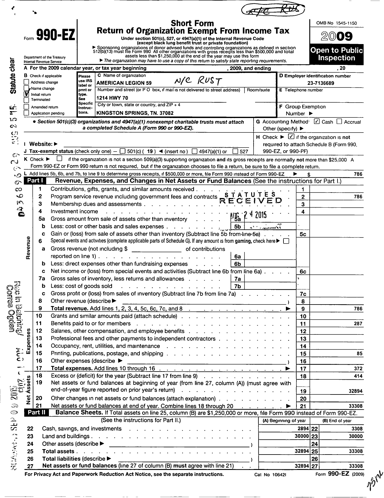 Image of first page of 2009 Form 990EO for American Legion / Rust-Dunn Caruthers Post No 59