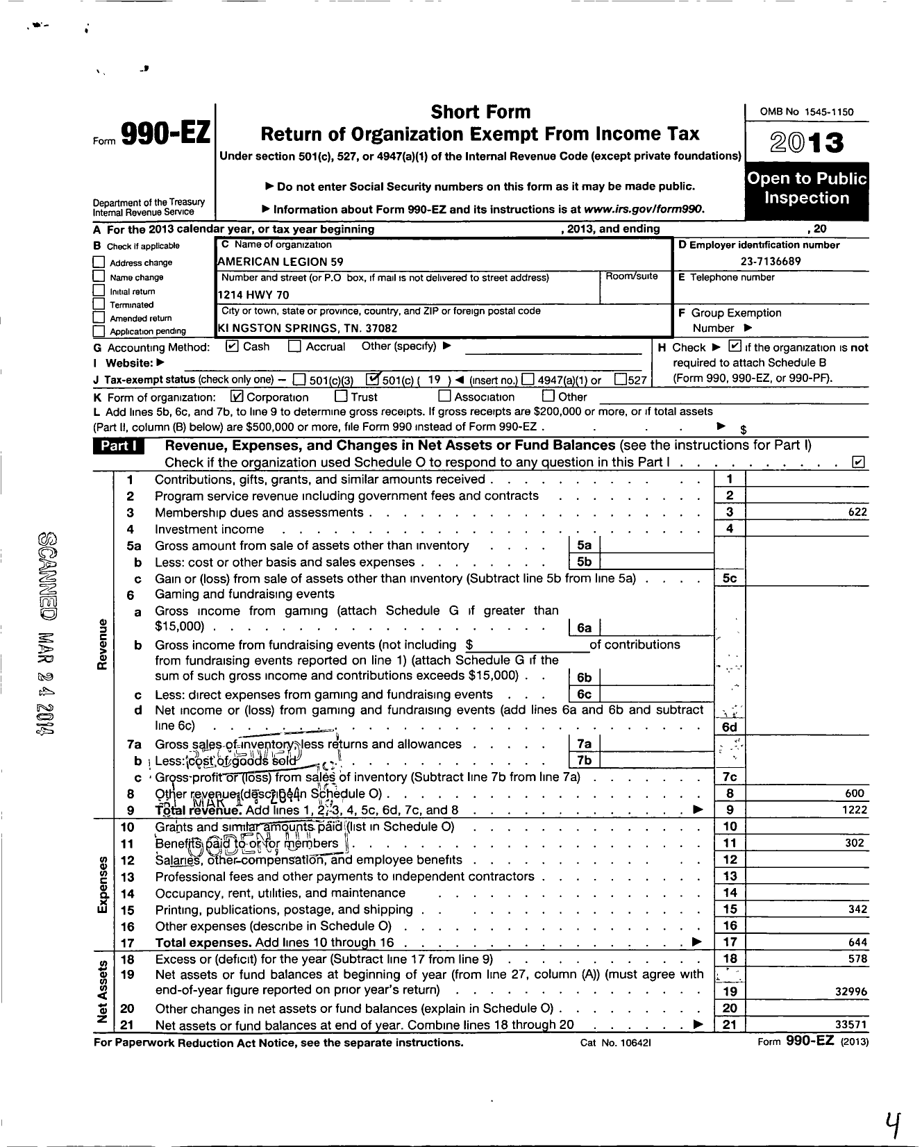 Image of first page of 2013 Form 990EO for American Legion / Rust-Dunn Caruthers Post No 59