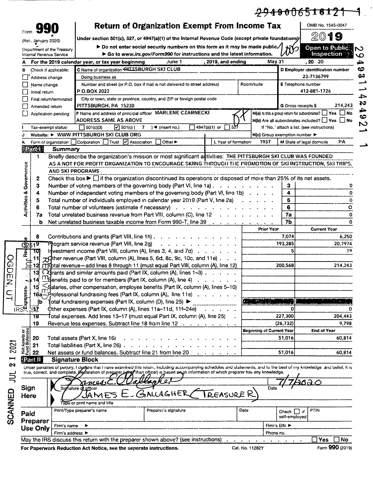 Image of first page of 2019 Form 990O for Pittsburgh Ski Club
