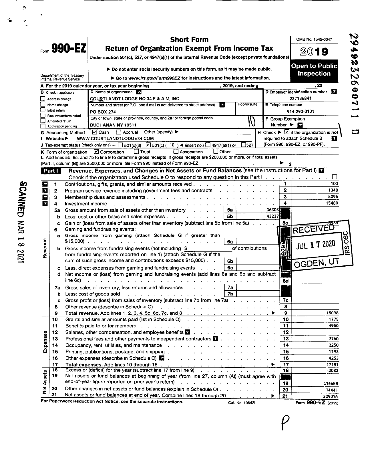 Image of first page of 2019 Form 990EO for Courtlandt Lodge No 34 F and A M