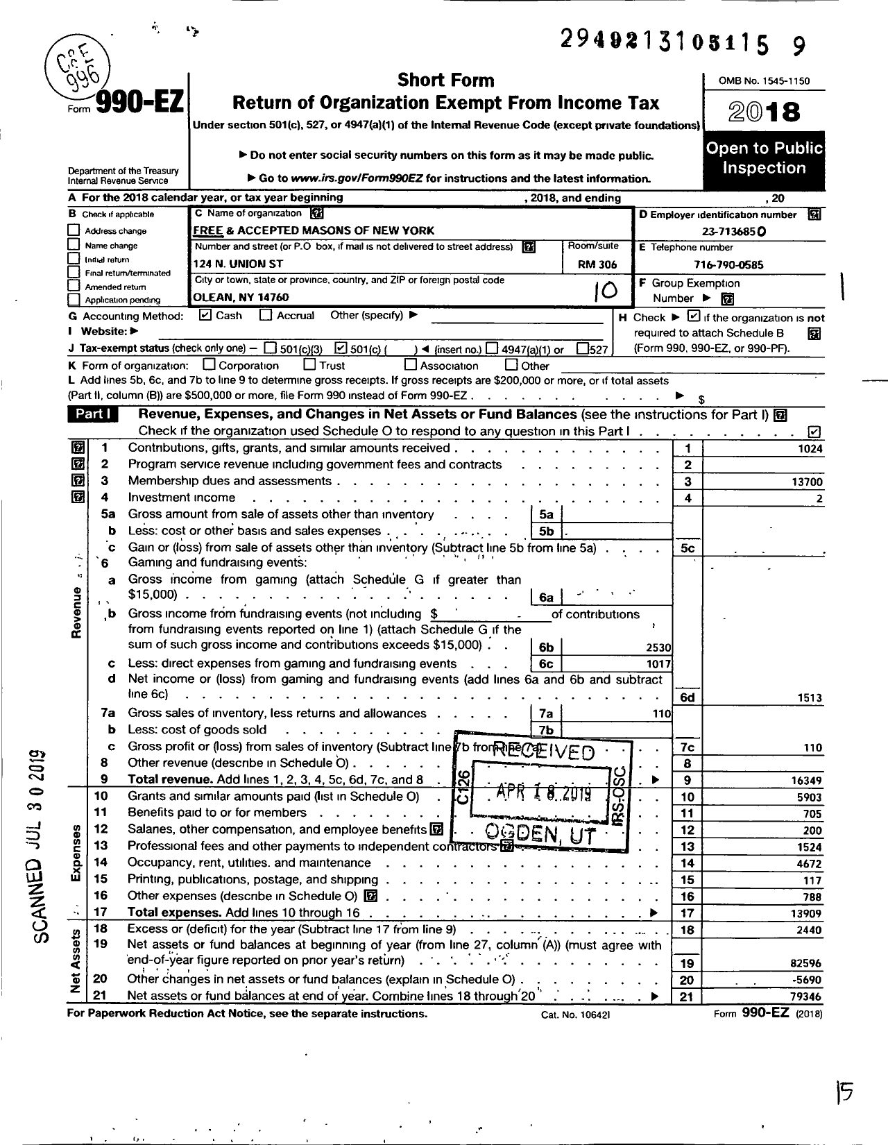 Image of first page of 2018 Form 990EO for Free and Accepted Masons of New York / 236 Philipstown Lodge