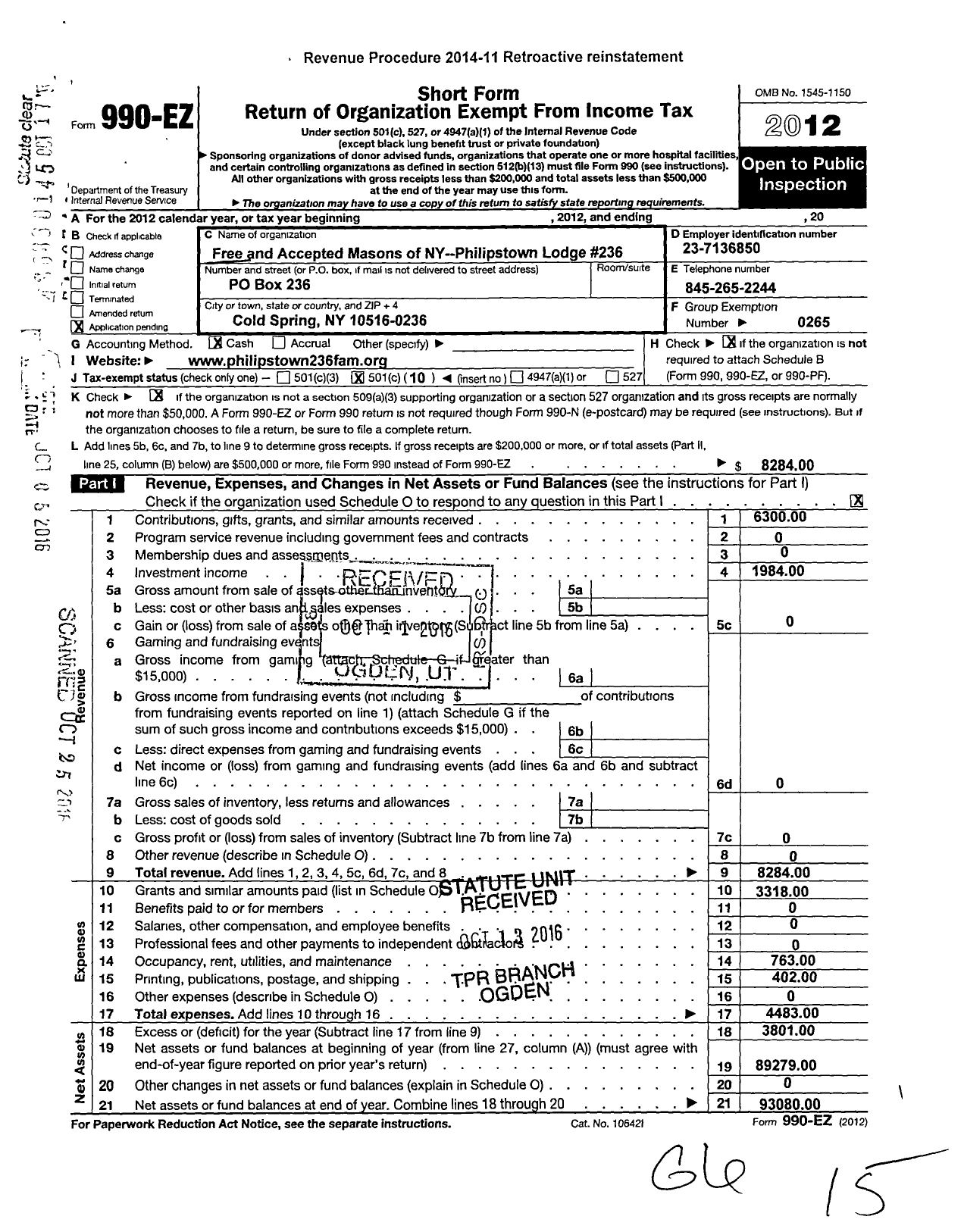 Image of first page of 2012 Form 990EO for Free and Accepted Masons of New York / 236 Philipstown Lodge