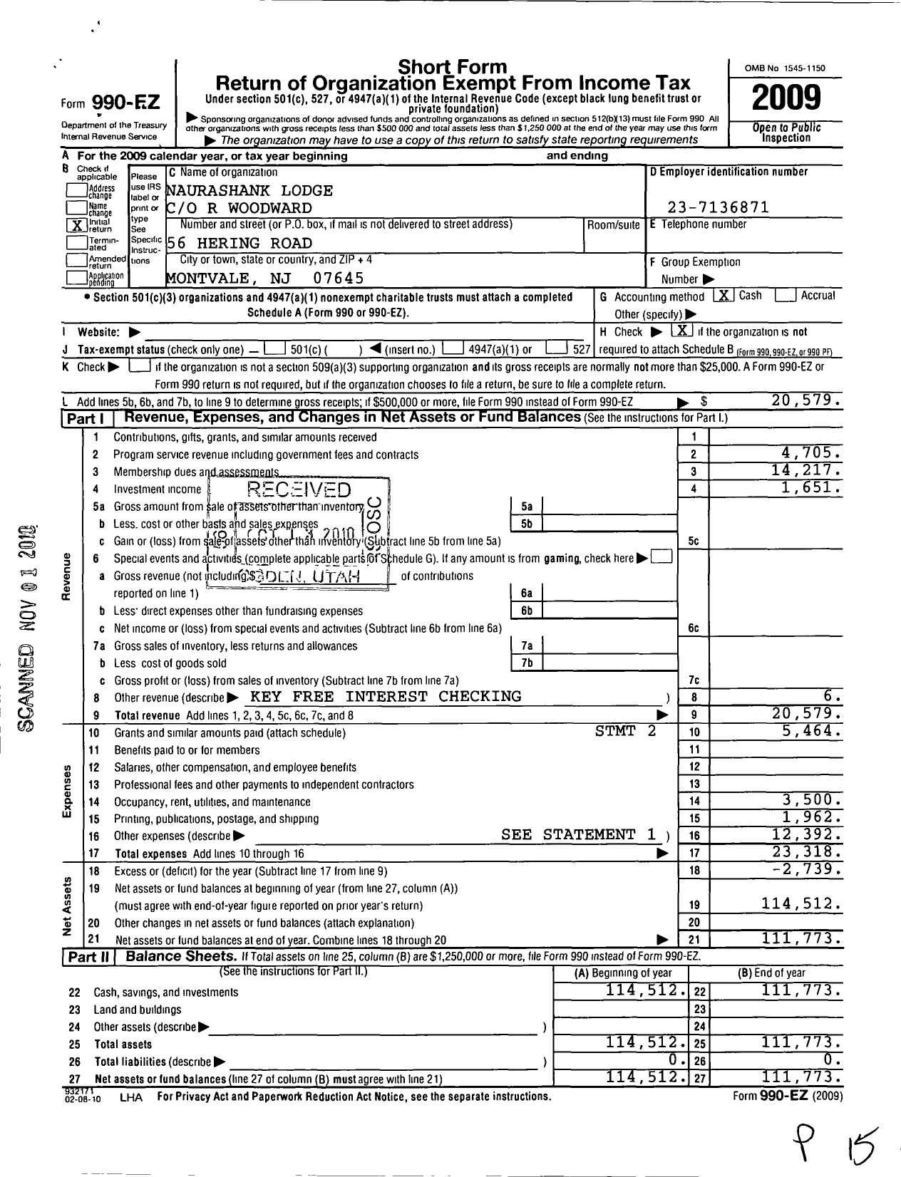 Image of first page of 2009 Form 990EO for Free and Accepted Masons of New York - 589 Naurashank Lodge