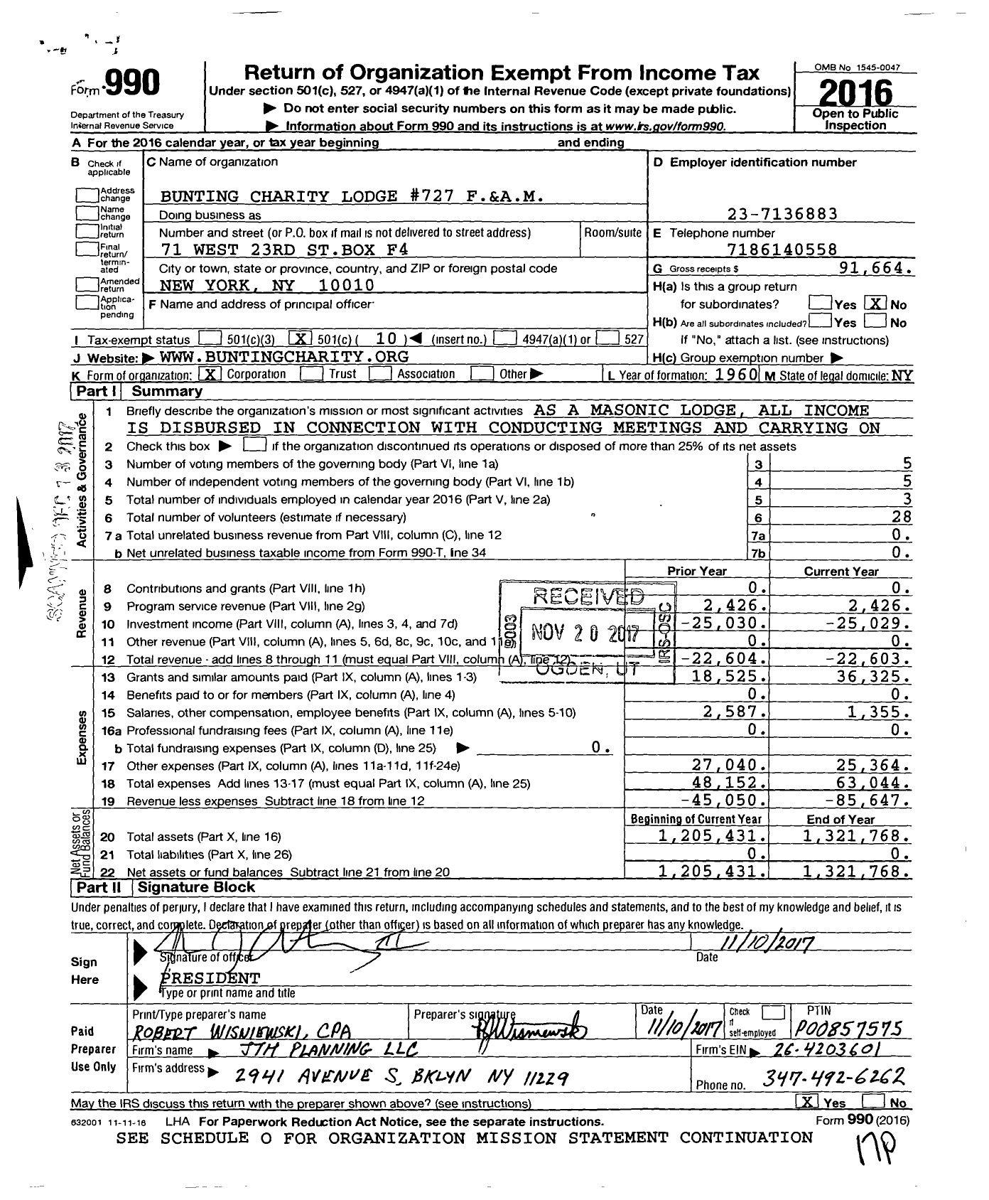 Image of first page of 2016 Form 990O for Free and Accepted Masons of New York - 727 Bunting Charity Lodge