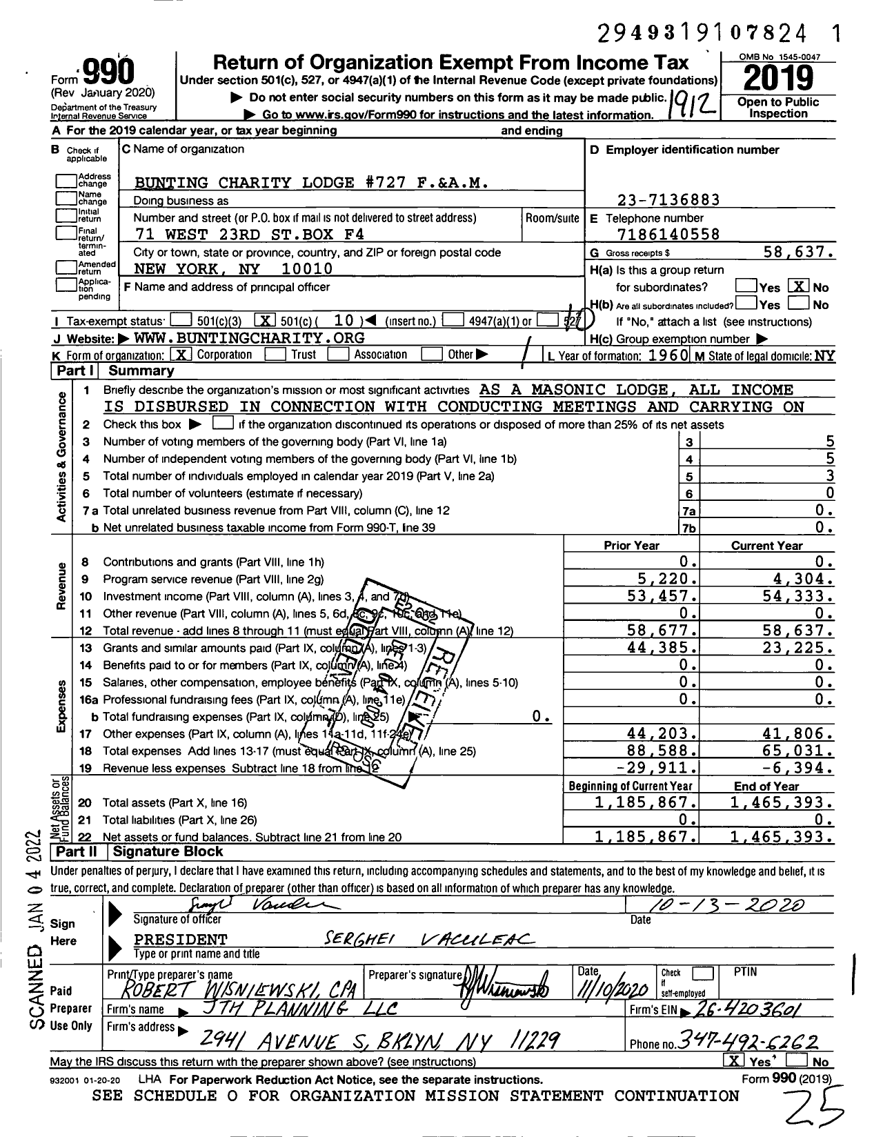 Image of first page of 2019 Form 990O for Free and Accepted Masons of New York - 727 Bunting Charity Lodge