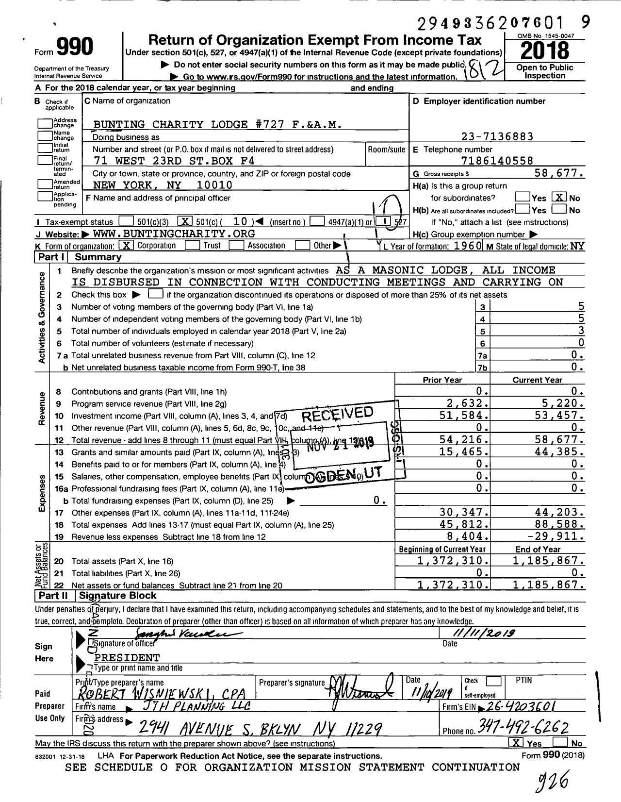 Image of first page of 2018 Form 990O for Free and Accepted Masons of New York - 727 Bunting Charity Lodge