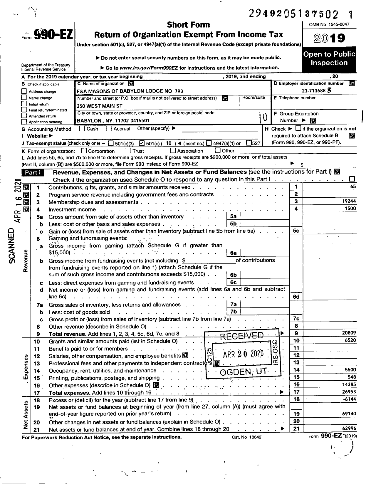 Image of first page of 2019 Form 990EO for Free and Accepted Masons of New York - 793 Babylon Lodge