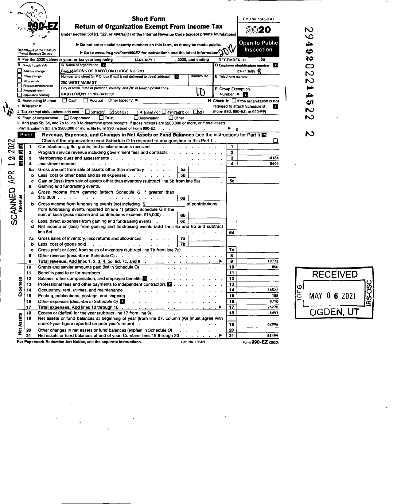 Image of first page of 2020 Form 990EO for Free and Accepted Masons of New York - 793 Babylon Lodge