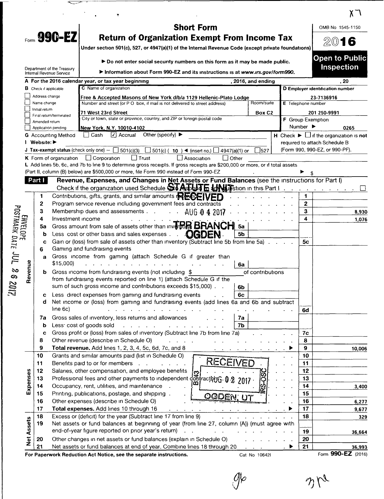 Image of first page of 2016 Form 990EO for Free and Accepted Mason of New York