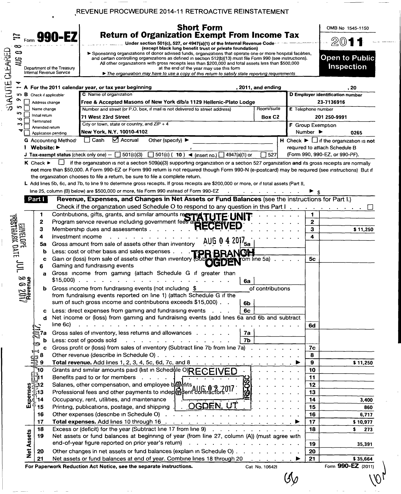 Image of first page of 2011 Form 990EO for Free and Accepted Mason of New York