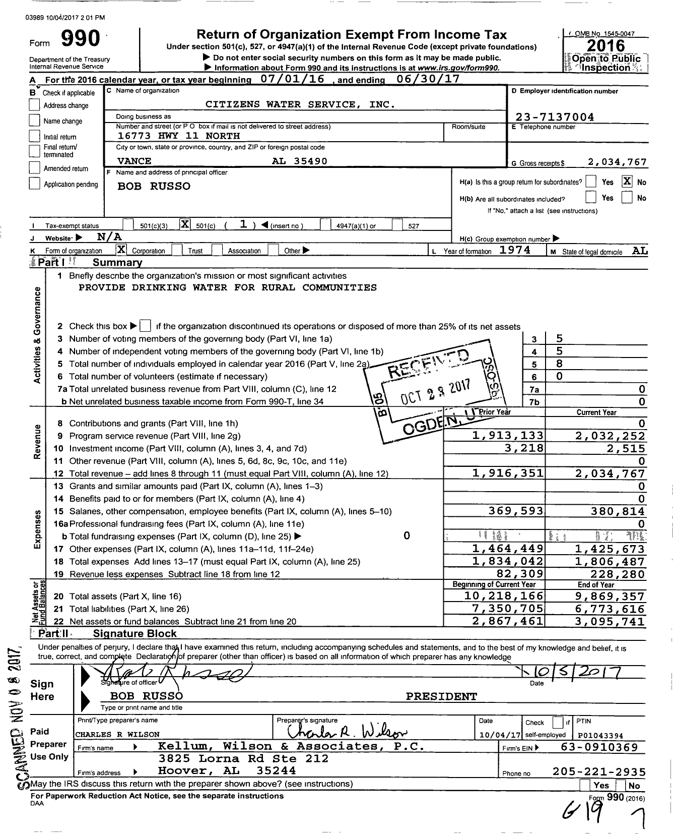 Image of first page of 2016 Form 990O for Citizens Water Service