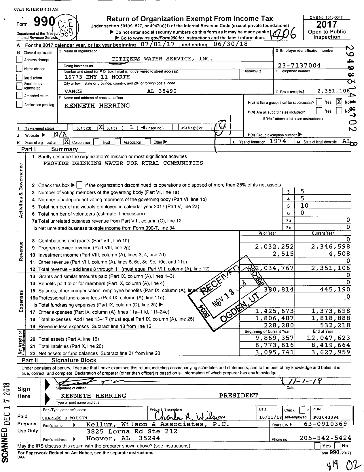 Image of first page of 2017 Form 990O for Citizens Water Service