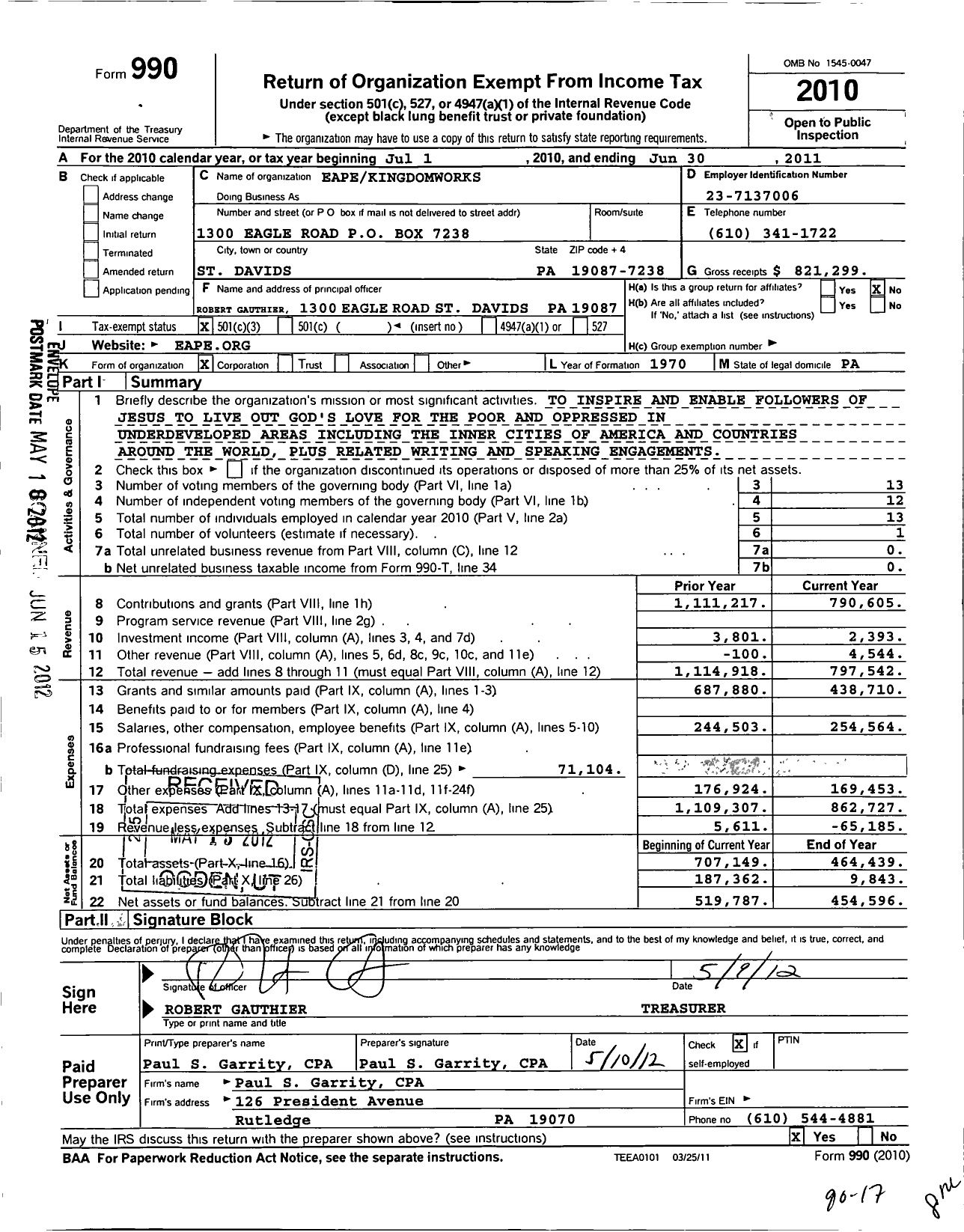 Image of first page of 2010 Form 990 for Eape Kingdomworks