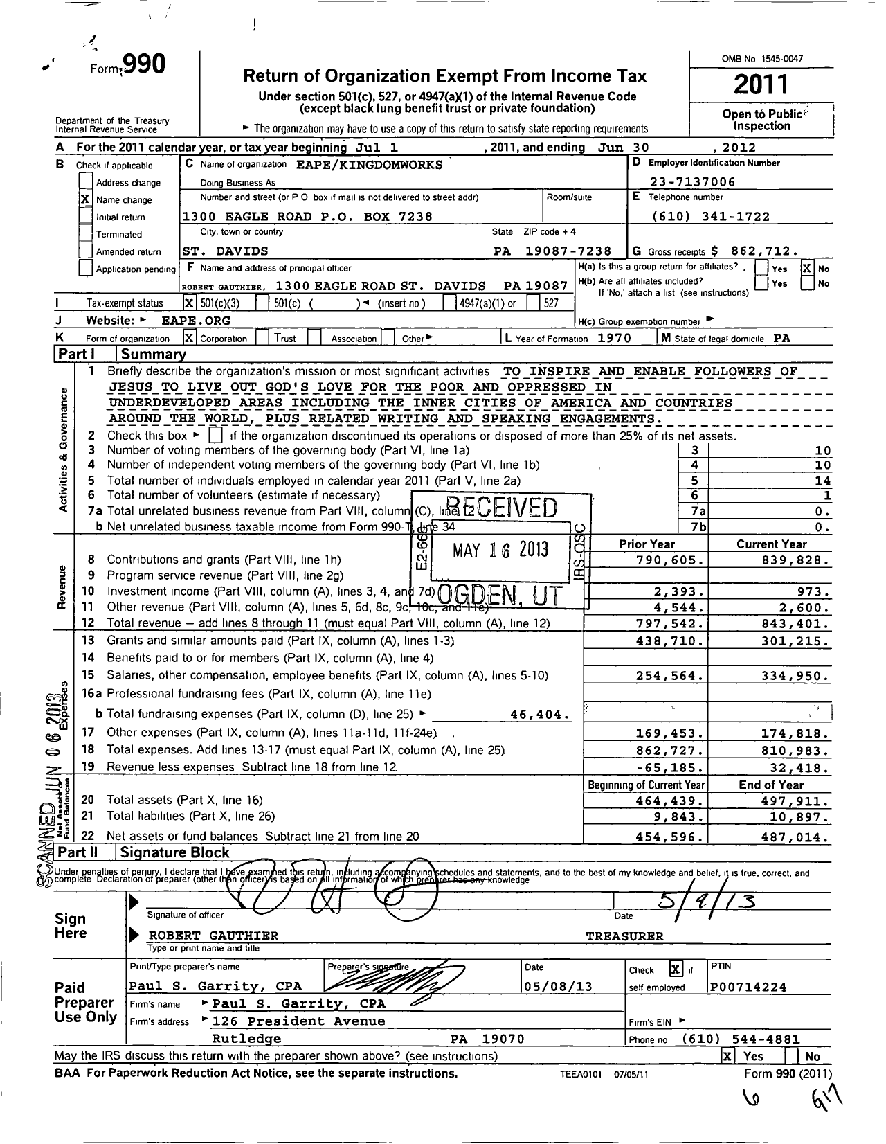 Image of first page of 2011 Form 990 for Eape Kingdomworks