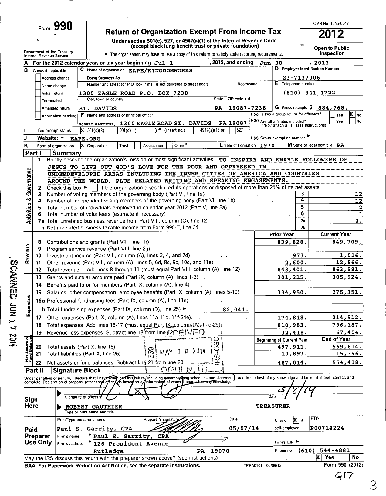 Image of first page of 2012 Form 990 for Eape Kingdomworks