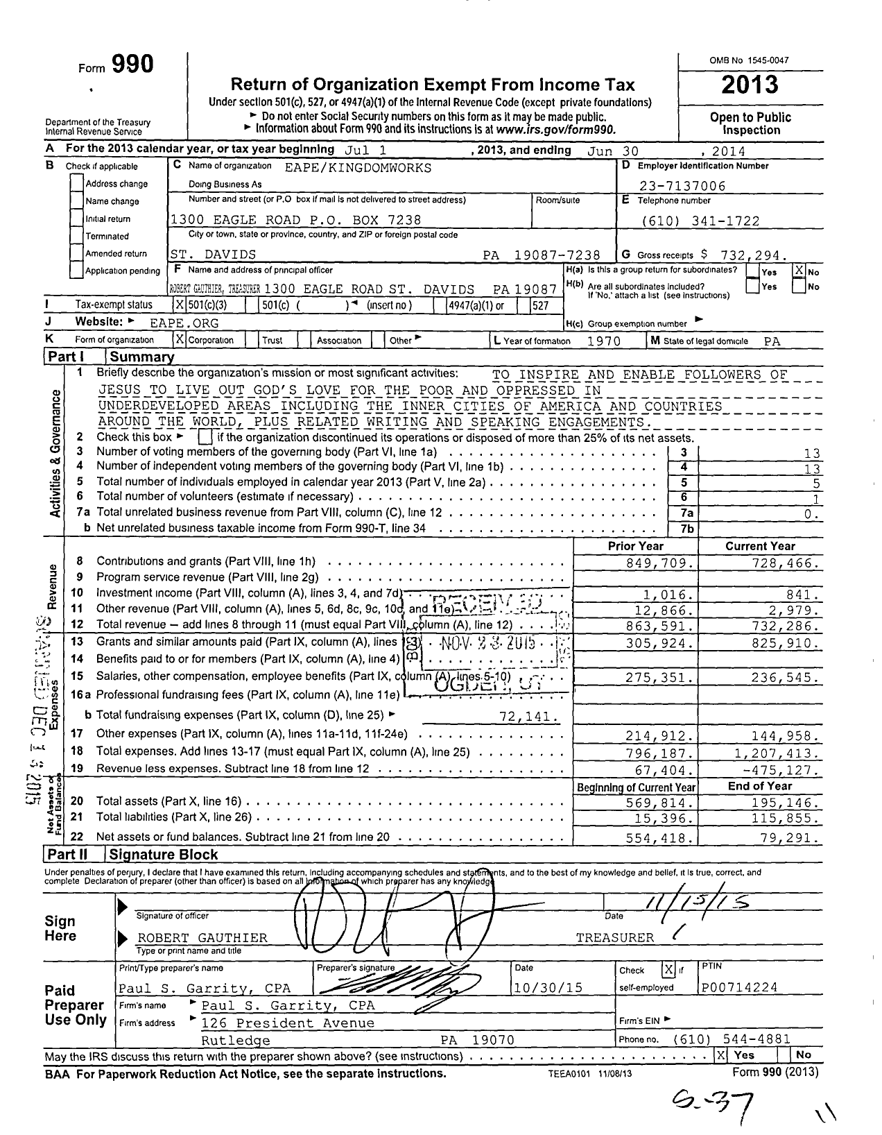 Image of first page of 2013 Form 990 for Eape Kingdomworks