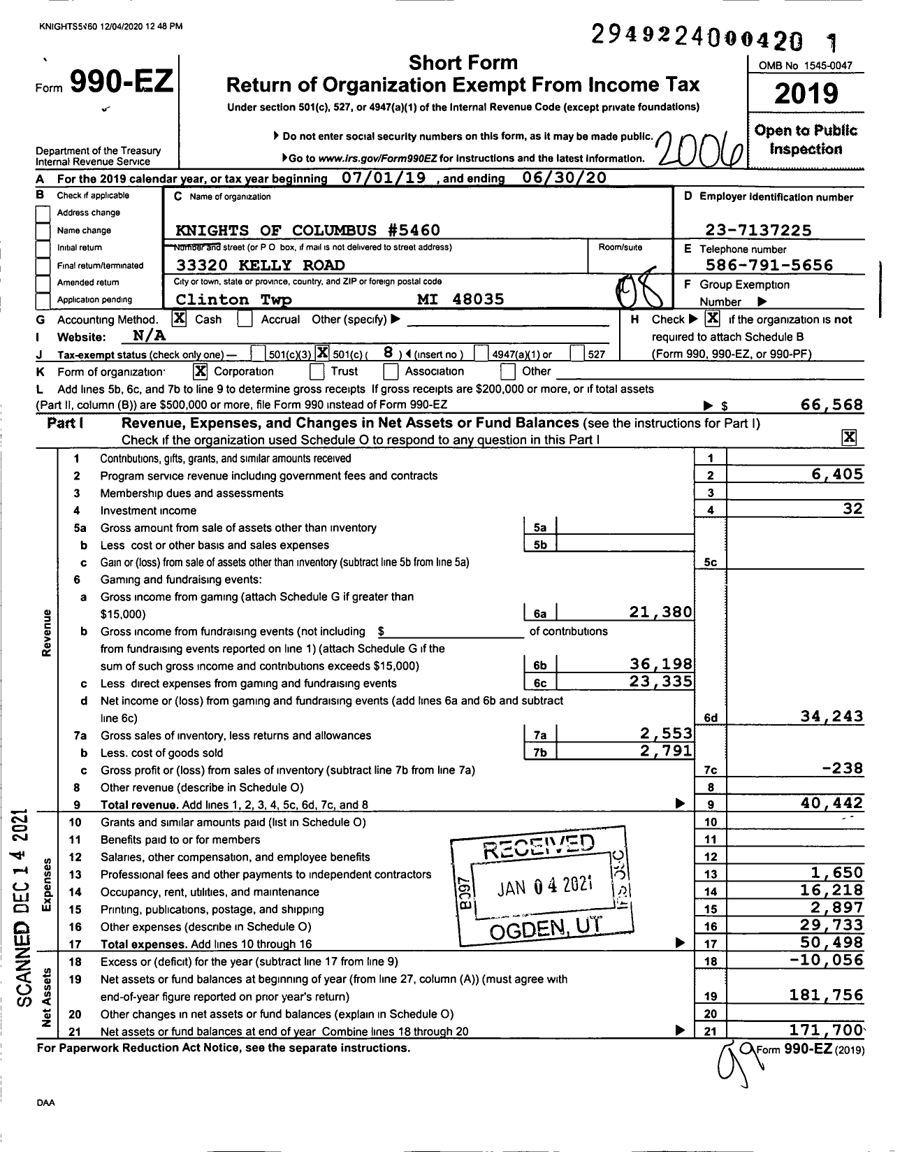 Image of first page of 2019 Form 990EO for Knights of Columbus - 5460 John F Kennedy Council