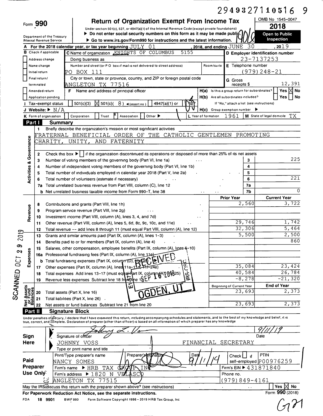 Image of first page of 2018 Form 990O for Knights of Columbus - 5155 Angleton Council