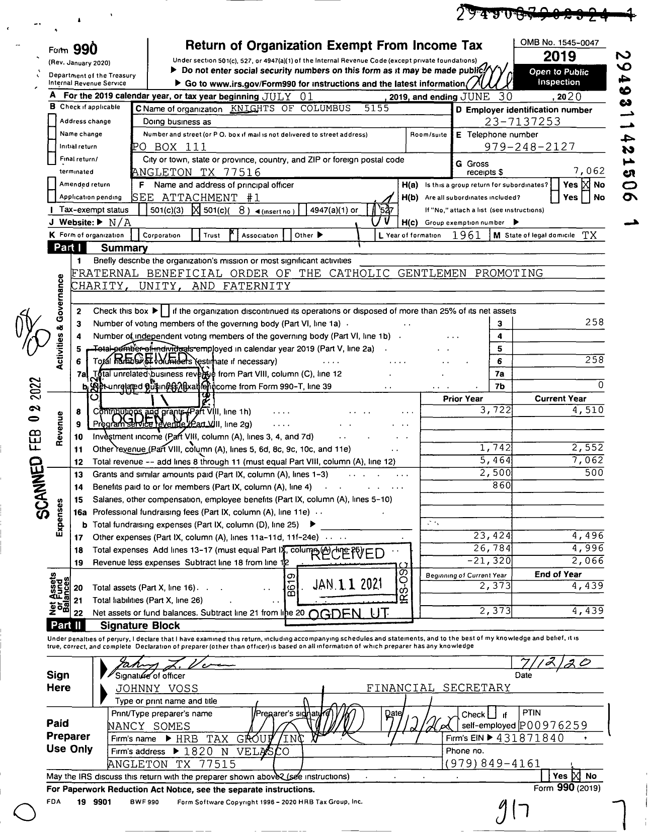 Image of first page of 2019 Form 990O for Knights of Columbus - 5155 Angleton Council