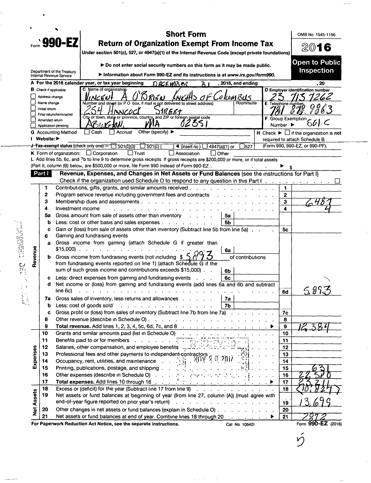 Image of first page of 2016 Form 990EO for Knights of Columbus / Vincent A Obrien Knights of Columbu