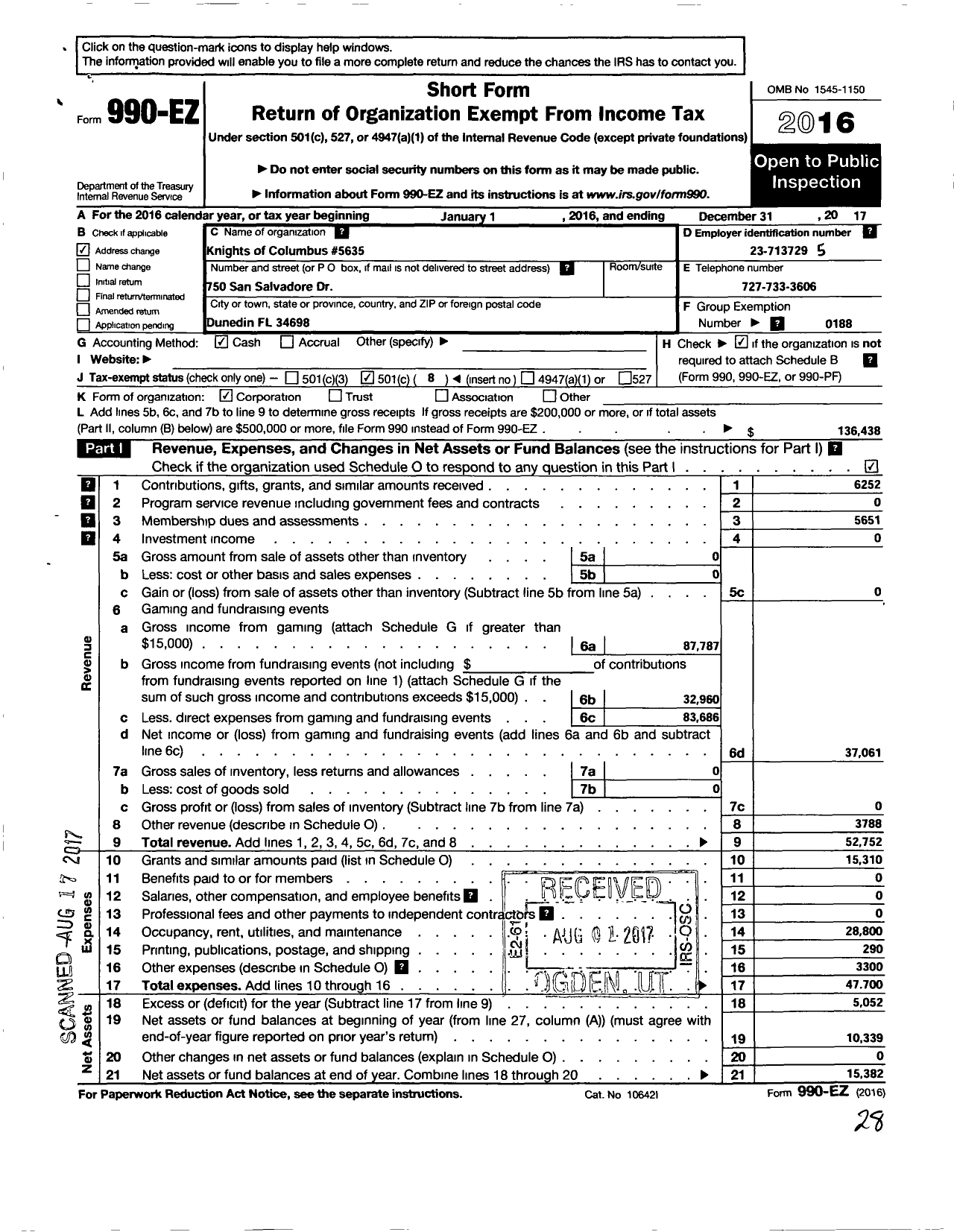 Image of first page of 2017 Form 990EO for Knights of Columbus - NBR 5635 Corp