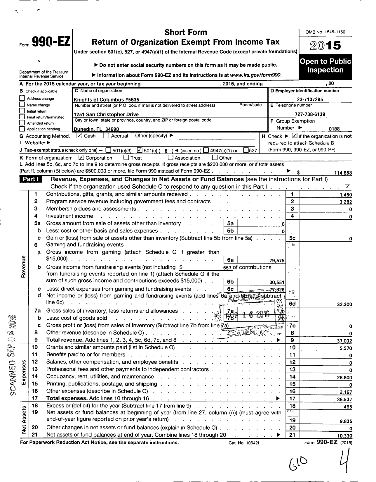 Image of first page of 2015 Form 990EO for Knights of Columbus - NBR 5635 Corp