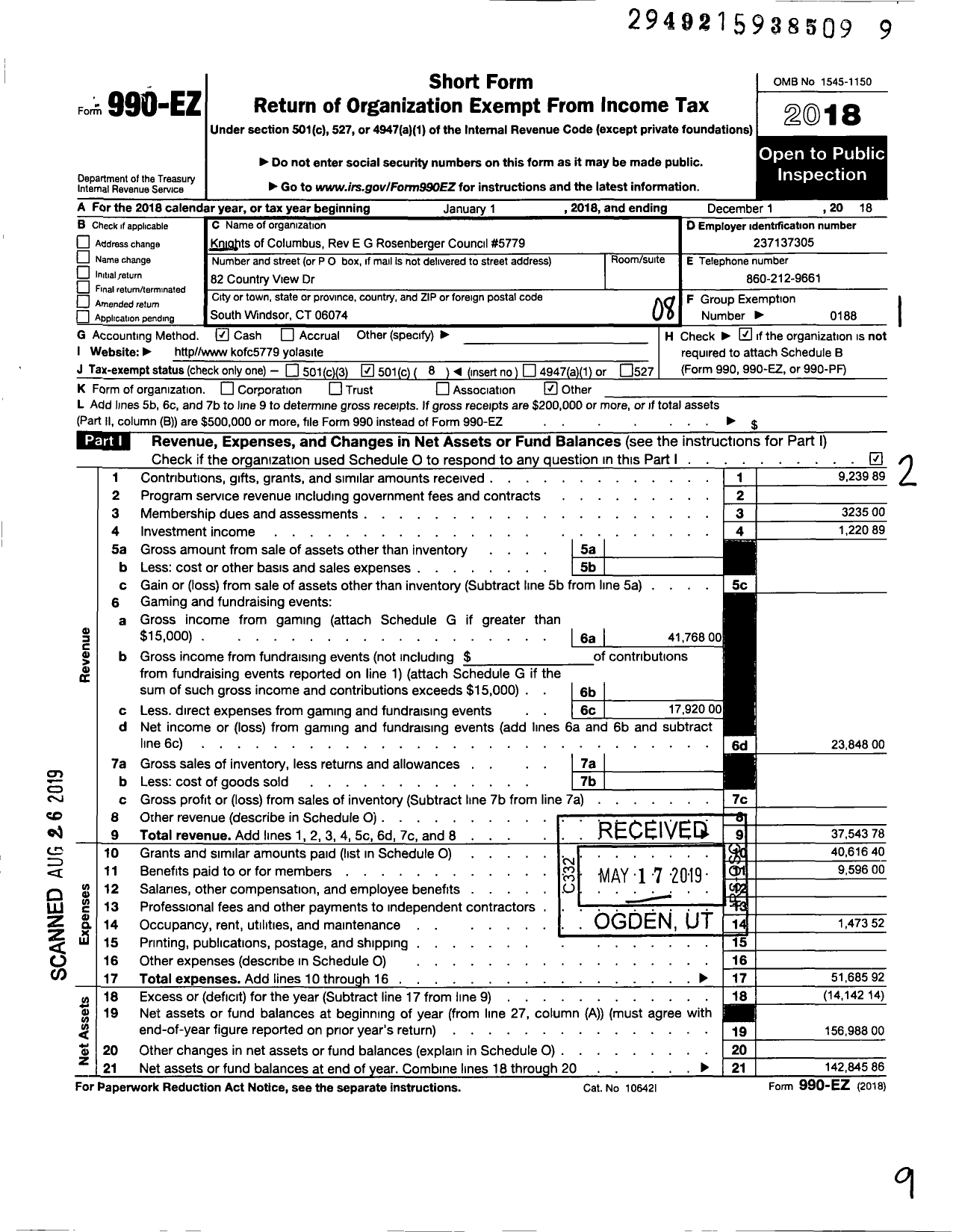 Image of first page of 2018 Form 990EO for KNIGHTS OF COLUMBUS - 5779 Rev G Rosenberger Council