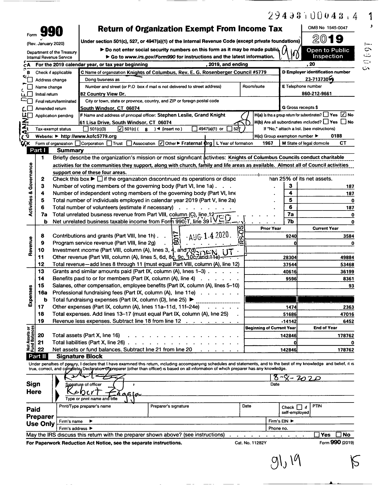 Image of first page of 2019 Form 990O for KNIGHTS OF COLUMBUS - 5779 Rev G Rosenberger Council