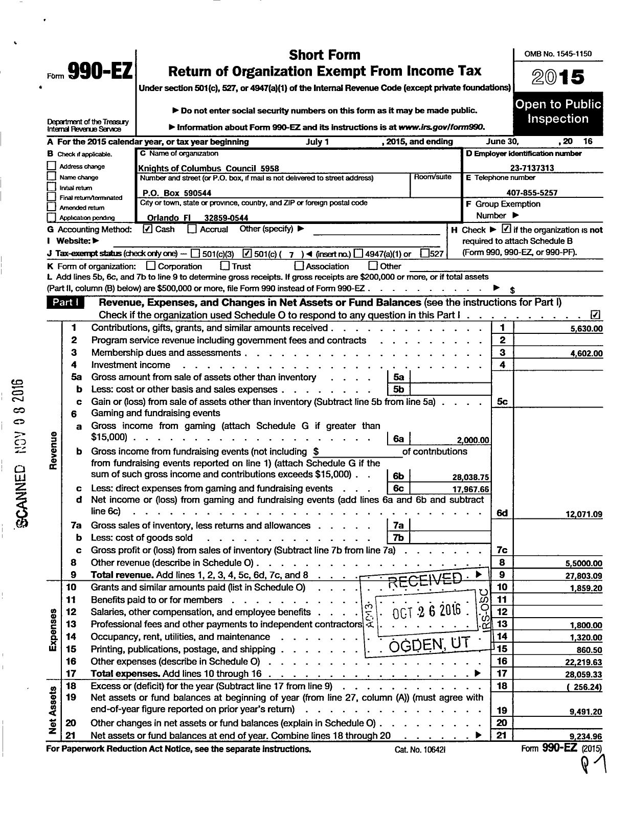 Image of first page of 2015 Form 990EO for Knights of Columbus - 5958 St Josephs Council