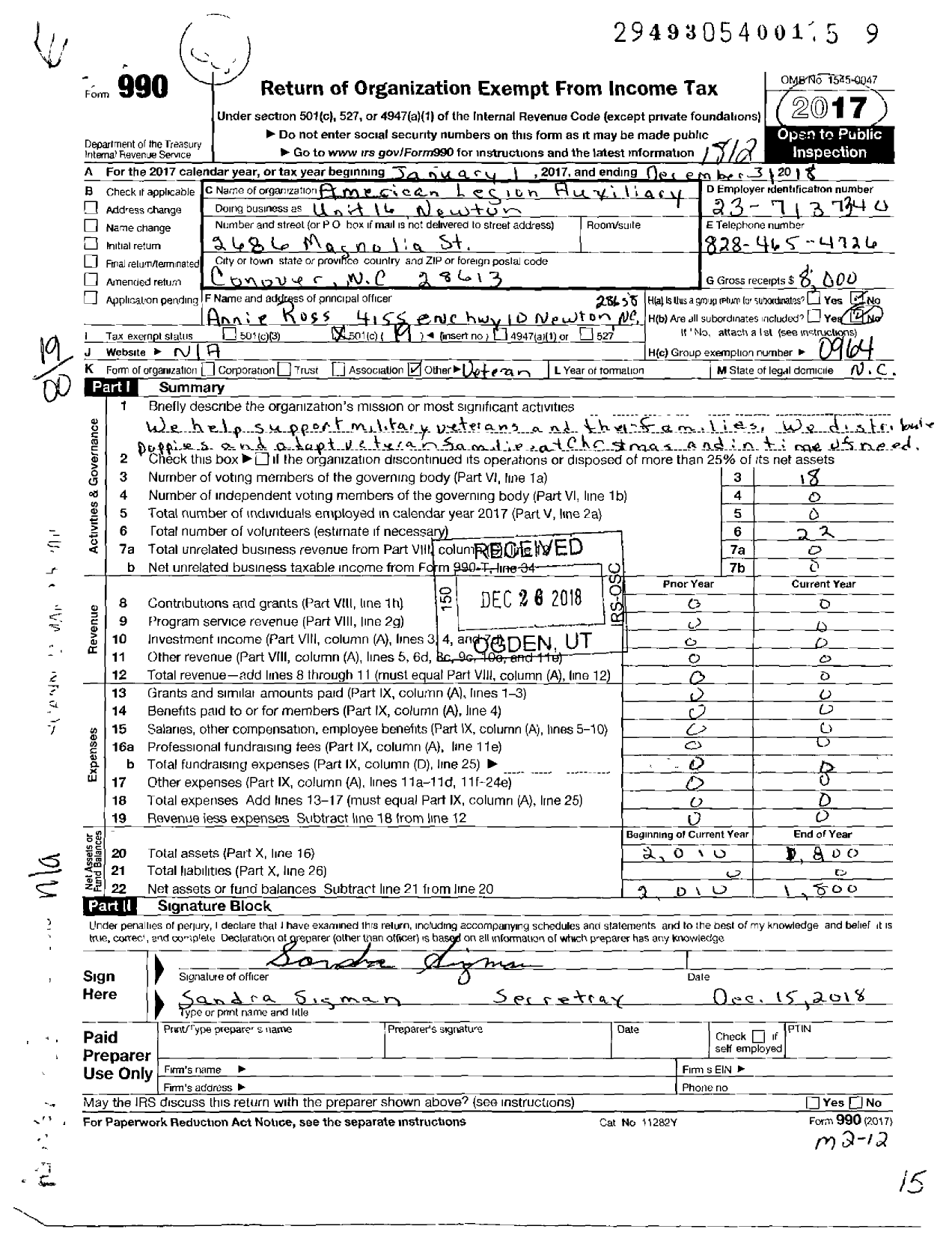 Image of first page of 2018 Form 990O for American Legion Auxiliary - 16 Newton