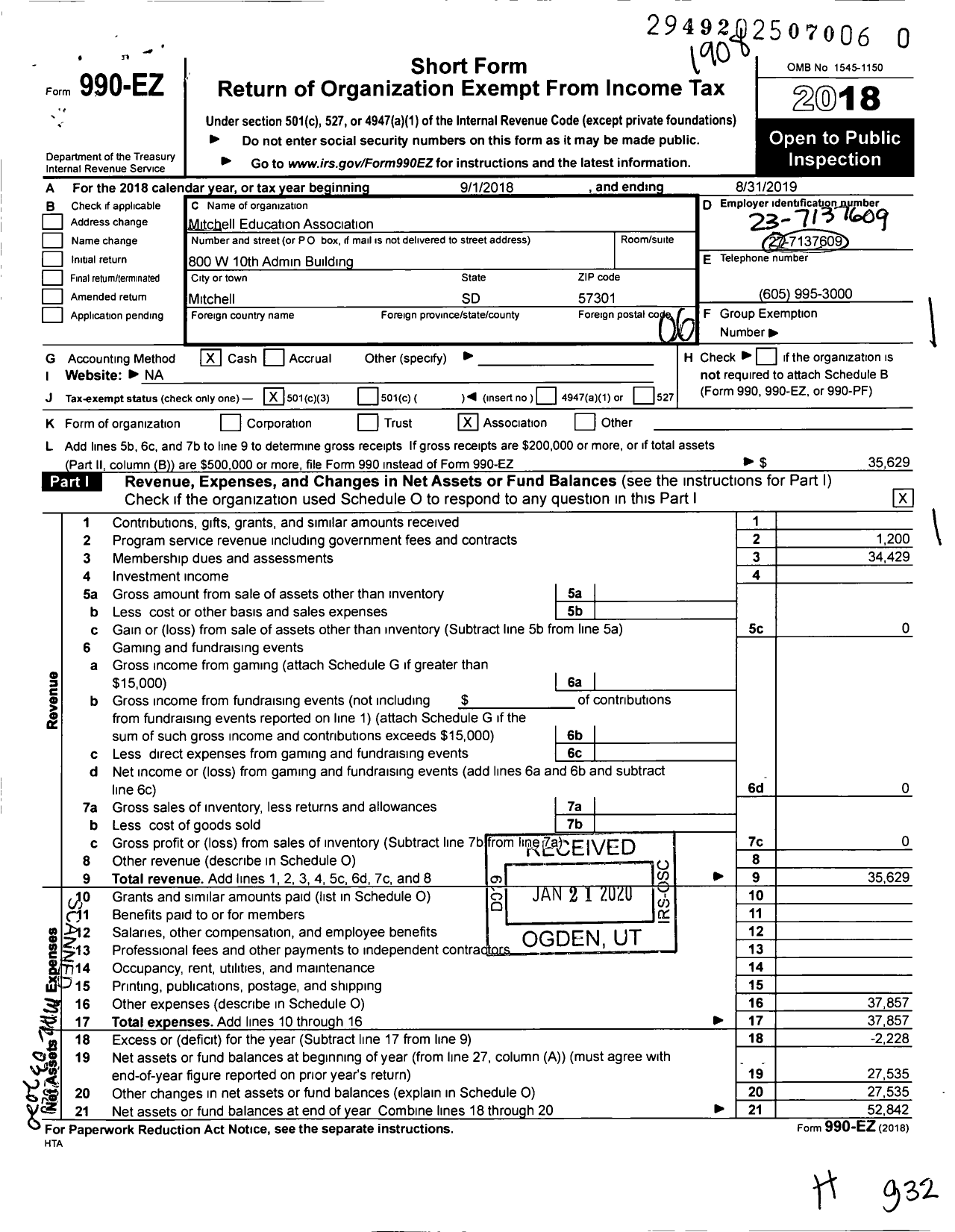 Image of first page of 2018 Form 990EO for Mitchell Education Association