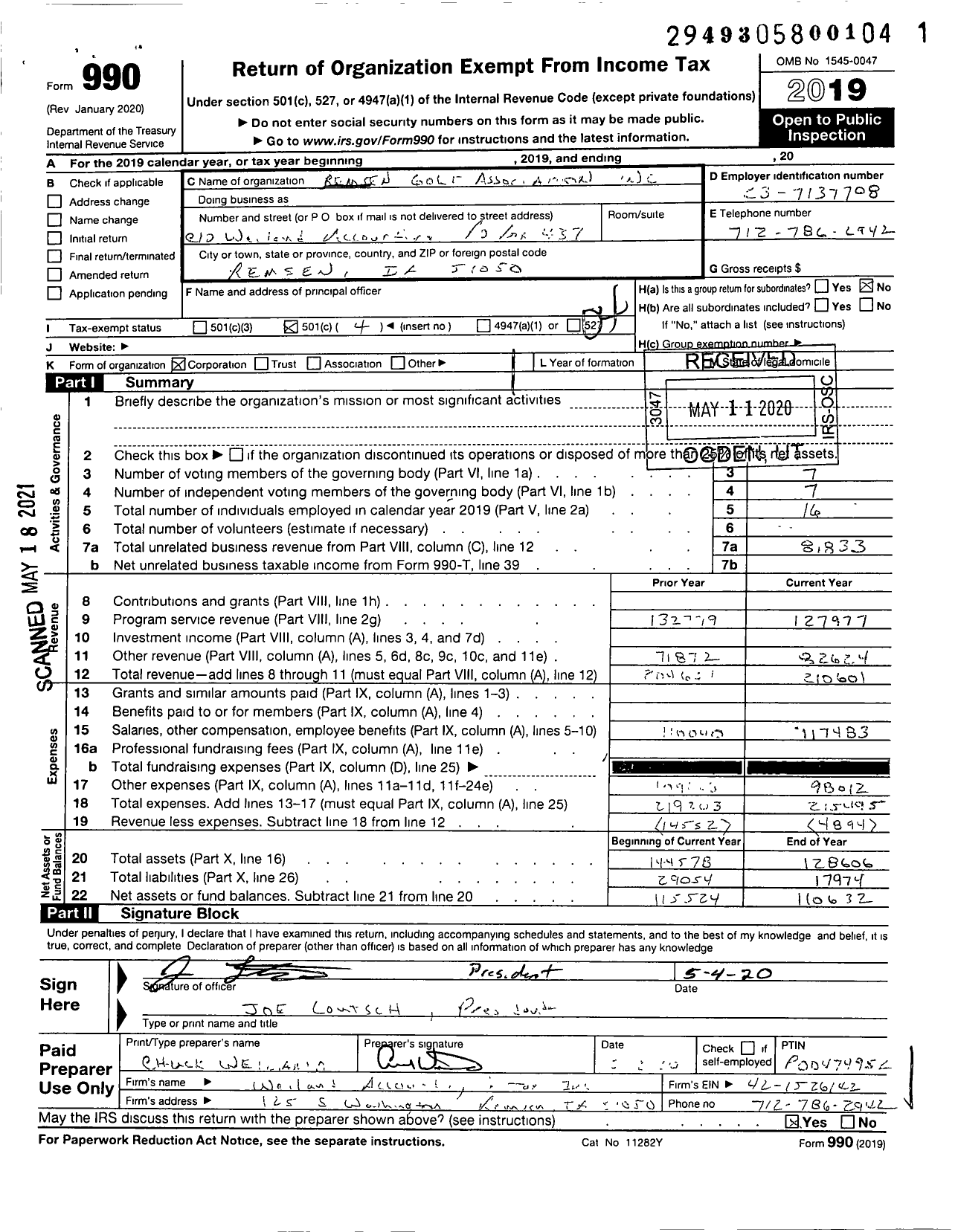 Image of first page of 2019 Form 990O for Remsen Golf Association