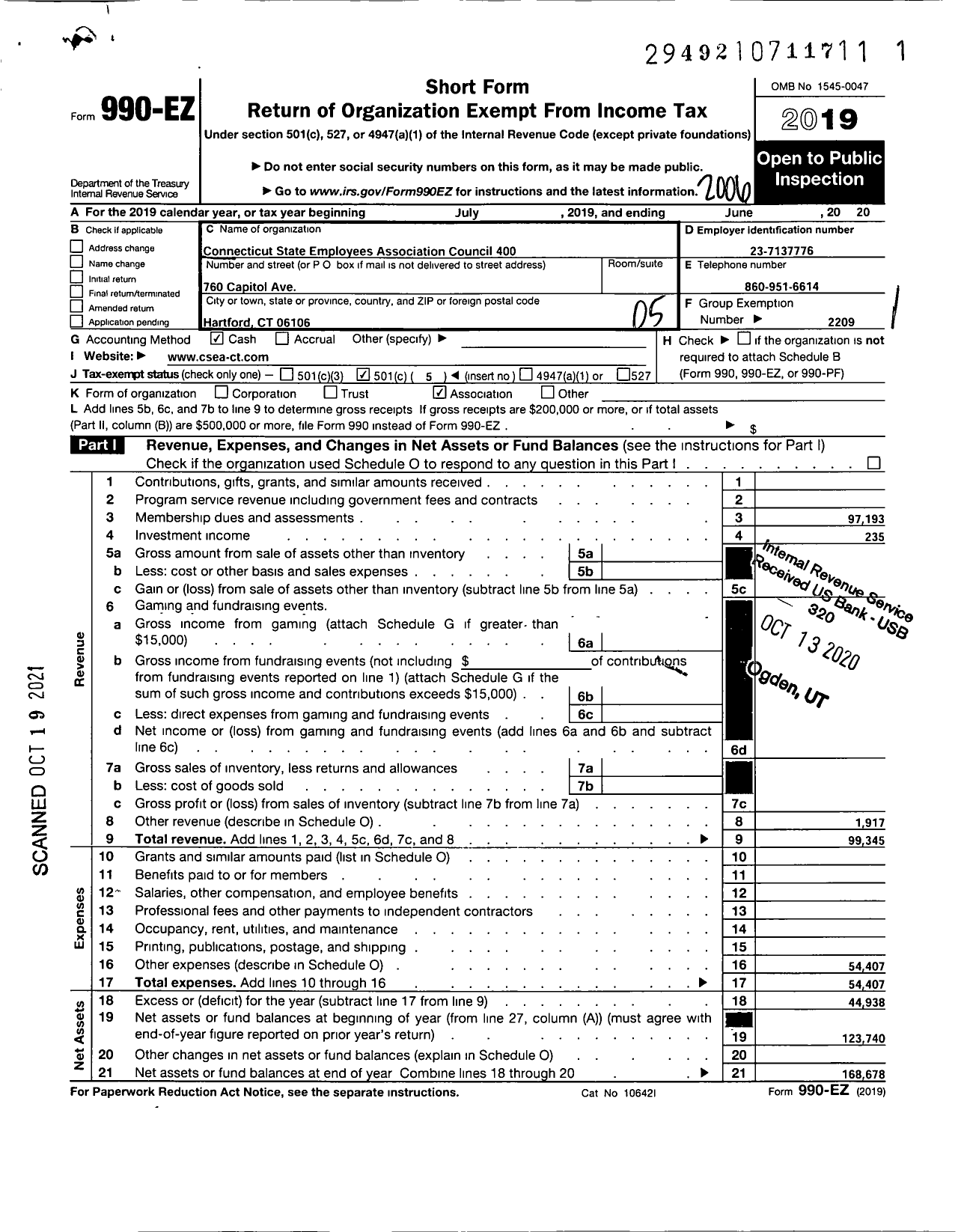 Image of first page of 2019 Form 990EO for CONNECTICUT STATE EMPLOYEES ASSOCIATION - Retirees Council 400