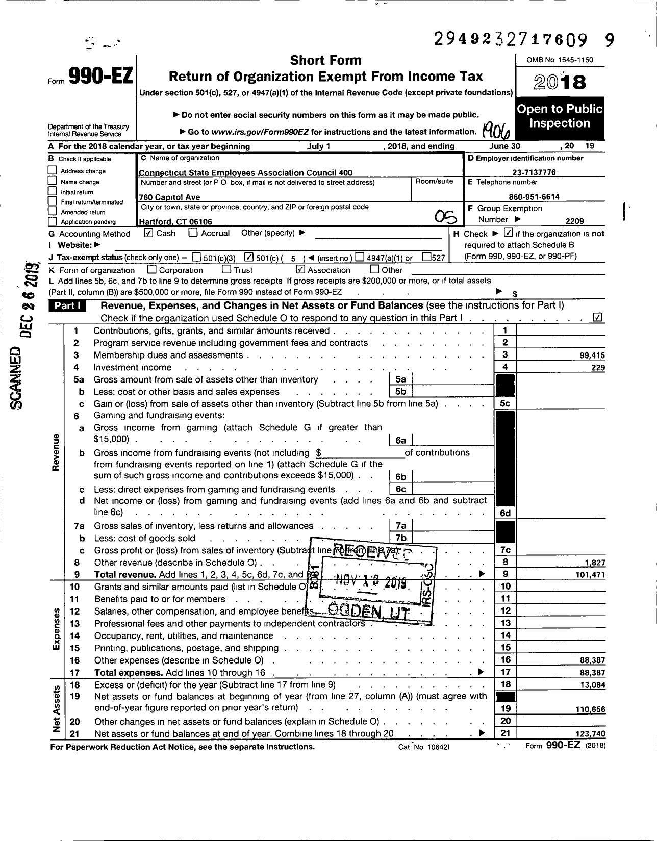 Image of first page of 2018 Form 990EO for CONNECTICUT STATE EMPLOYEES ASSOCIATION - Retirees Council 400