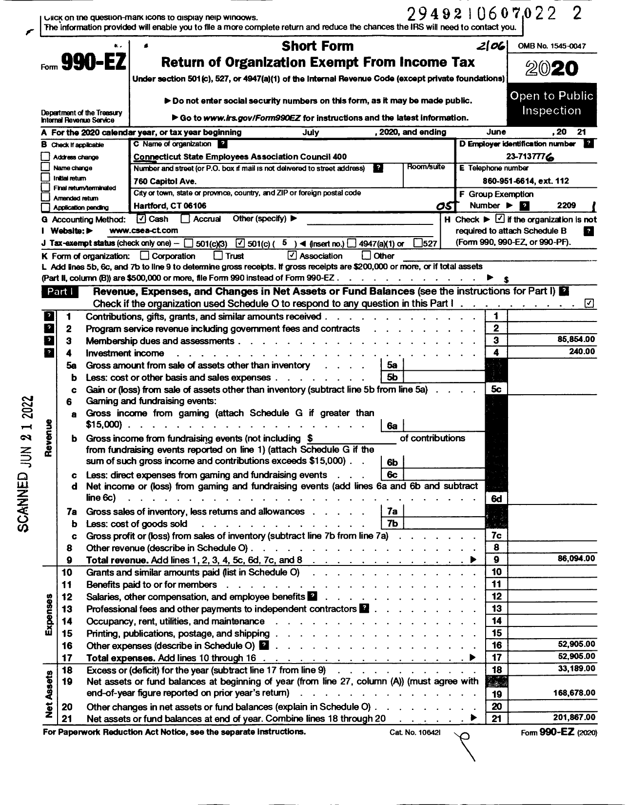 Image of first page of 2020 Form 990EO for CONNECTICUT STATE EMPLOYEES ASSOCIATION - Retirees Council 400